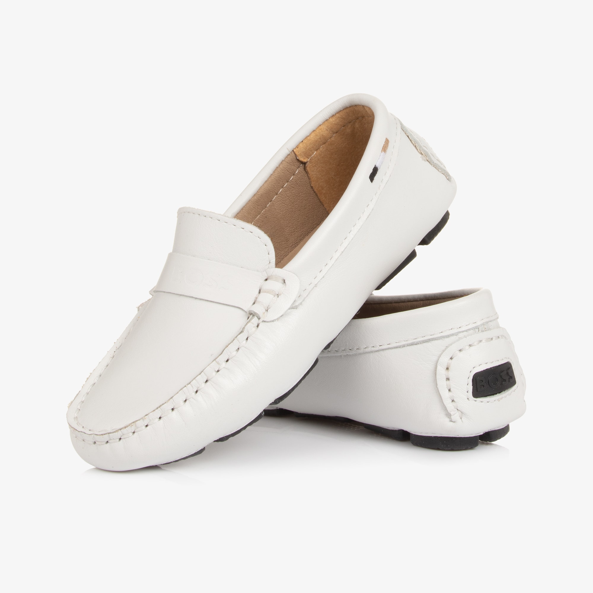 Boys White Leather Moccasins with Logo Strap - View 7