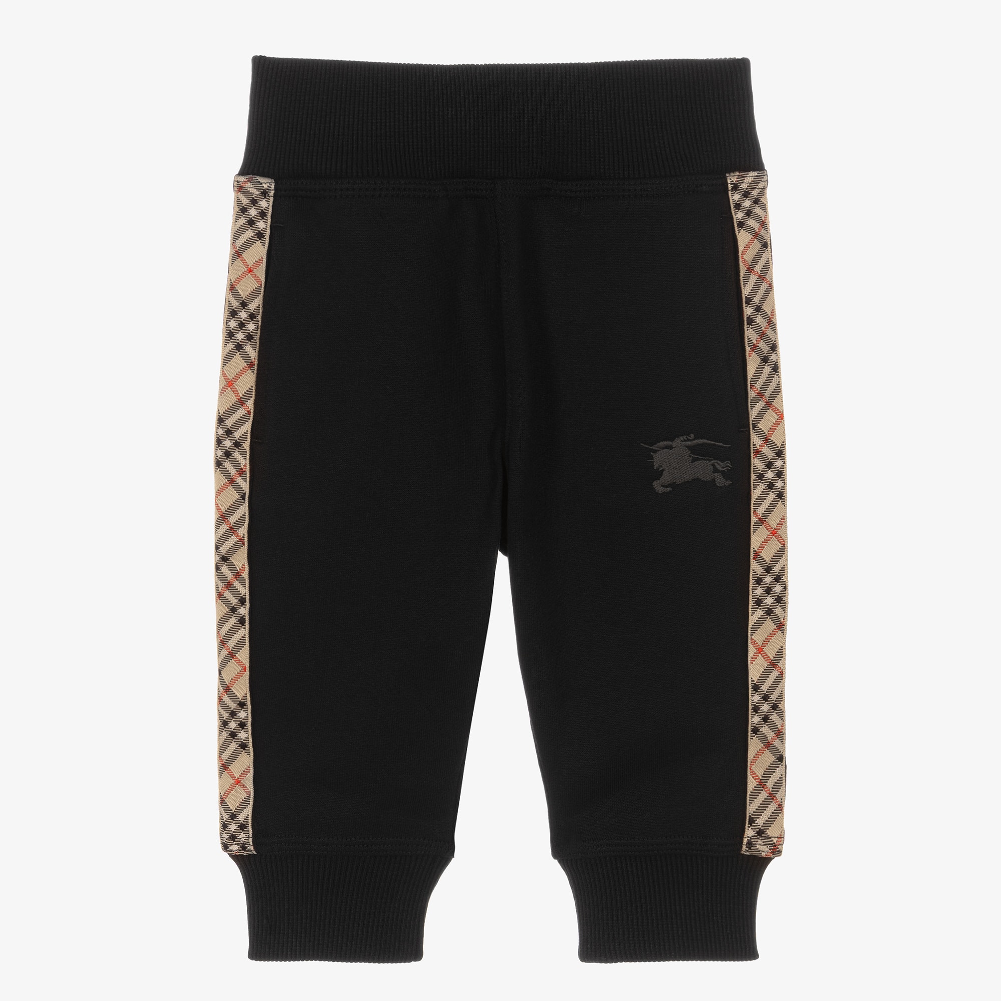 Black Cotton Baby Joggers with Beige Check Trim - View 1