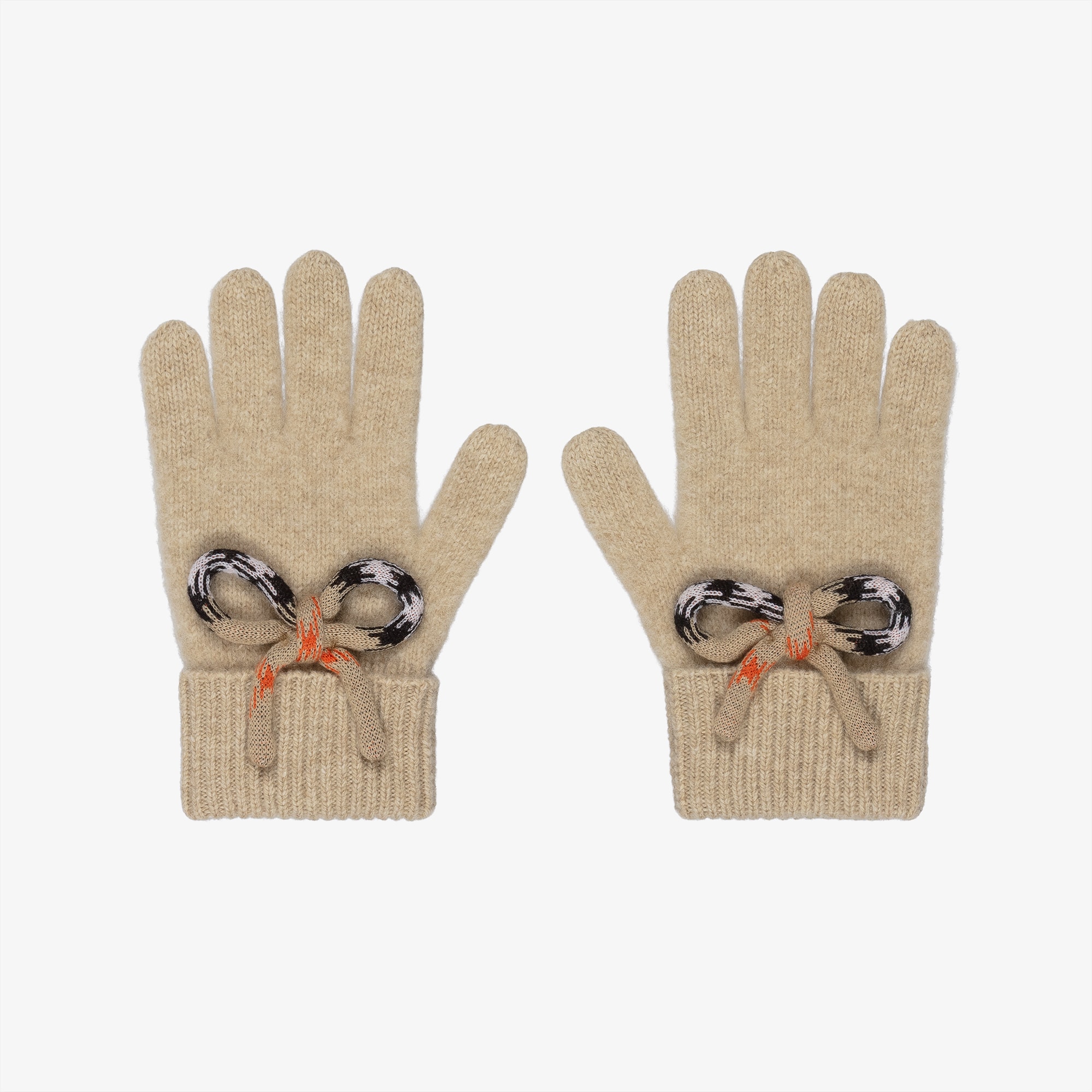 Girls Beige Knitted Wool Gloves with Check Bows - View 1