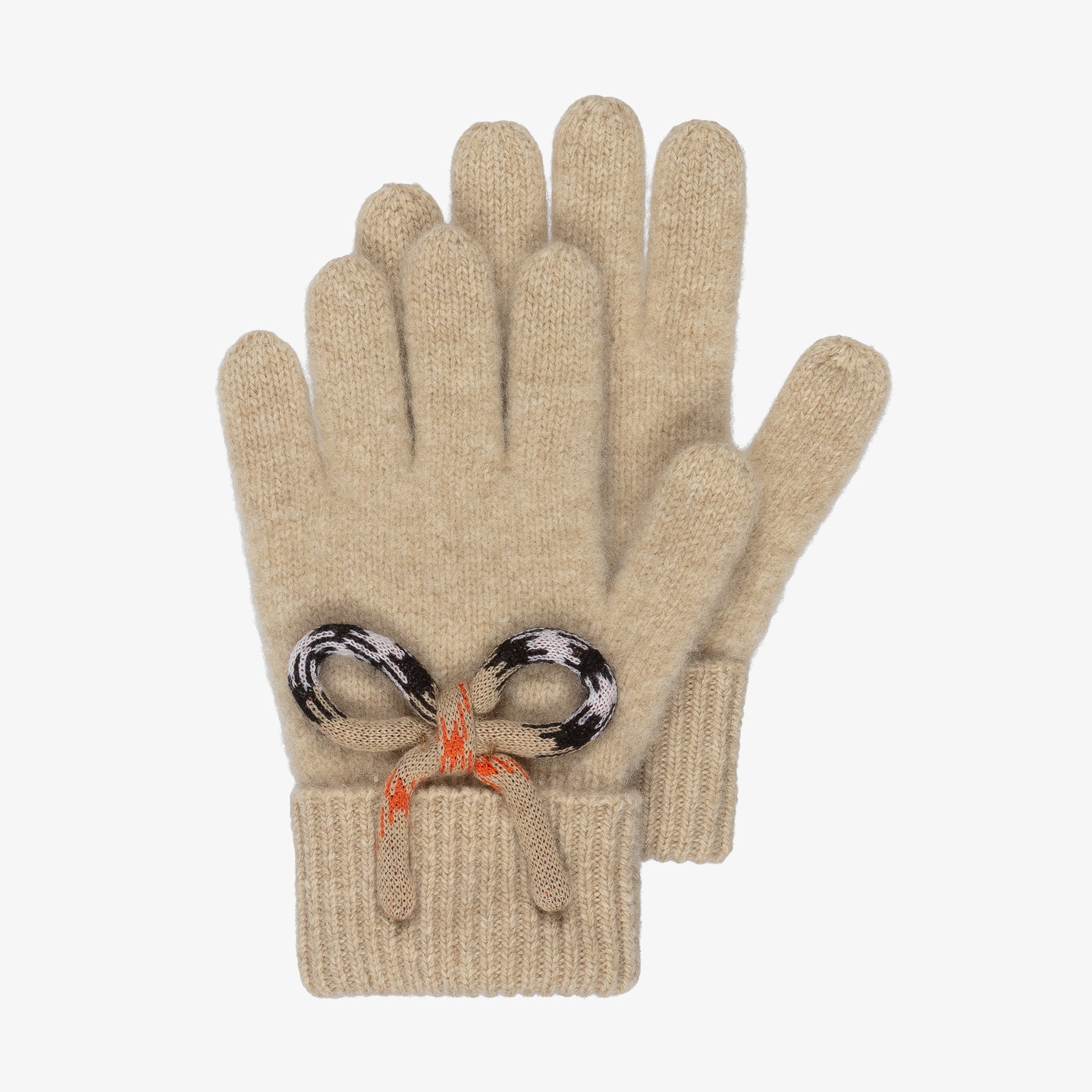 Girls Beige Knitted Wool Gloves with Check Bows - View 3