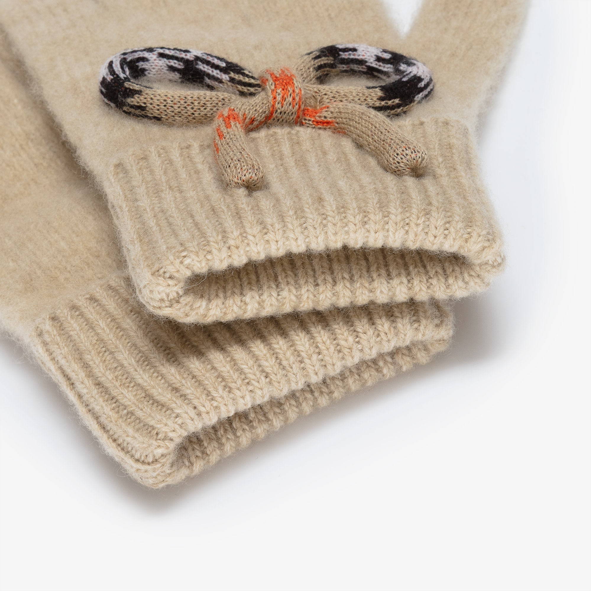 Girls Beige Knitted Wool Gloves with Check Bows - View 4