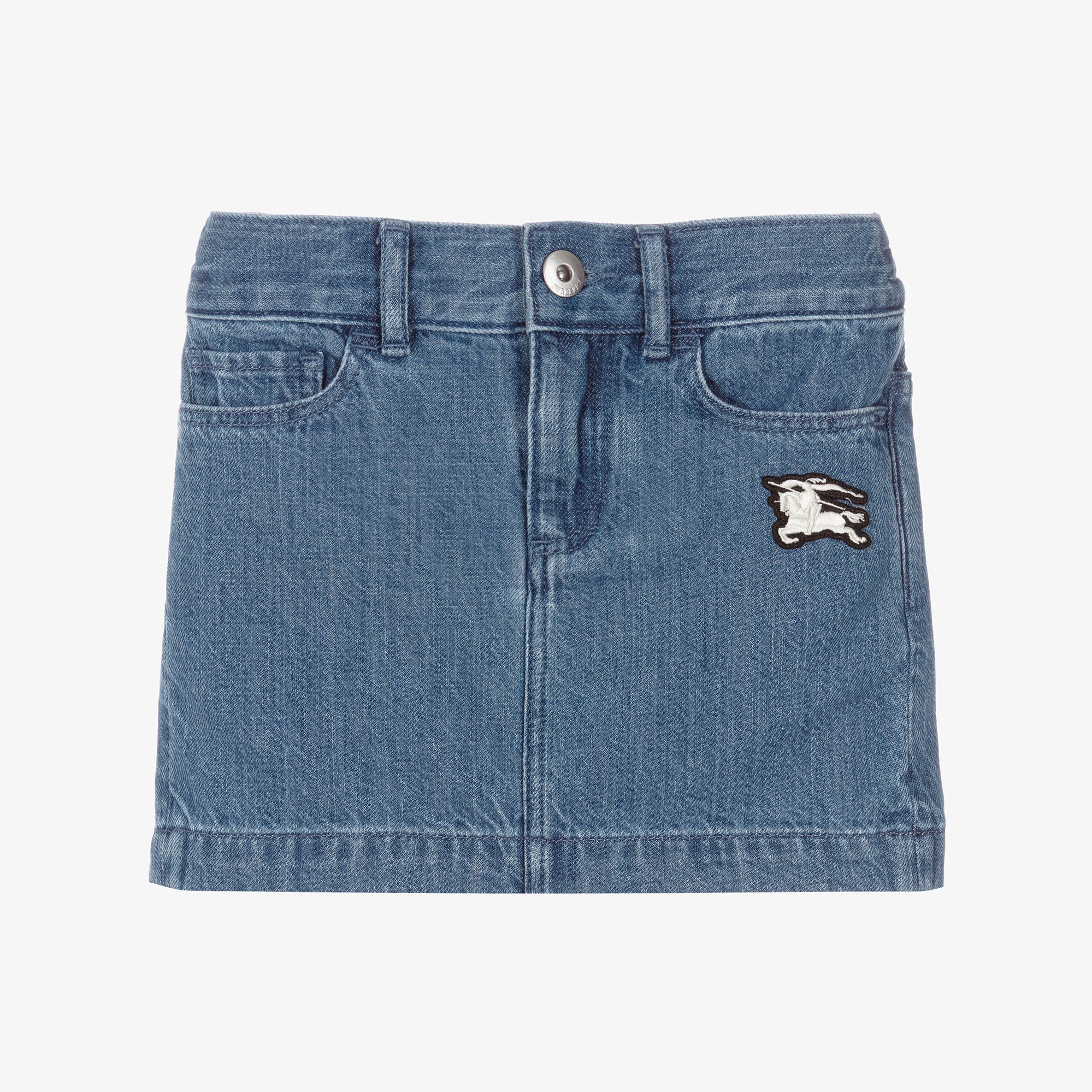 Girls Blue Denim Skirt with Equestrian Knight Design Logo - View 1