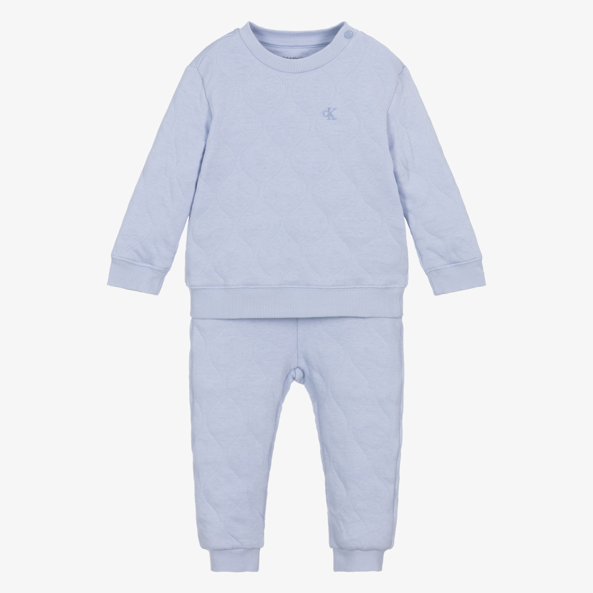 Boys Pale Blue Quilted Cotton Tracksuit with Monogram Logo - View 1