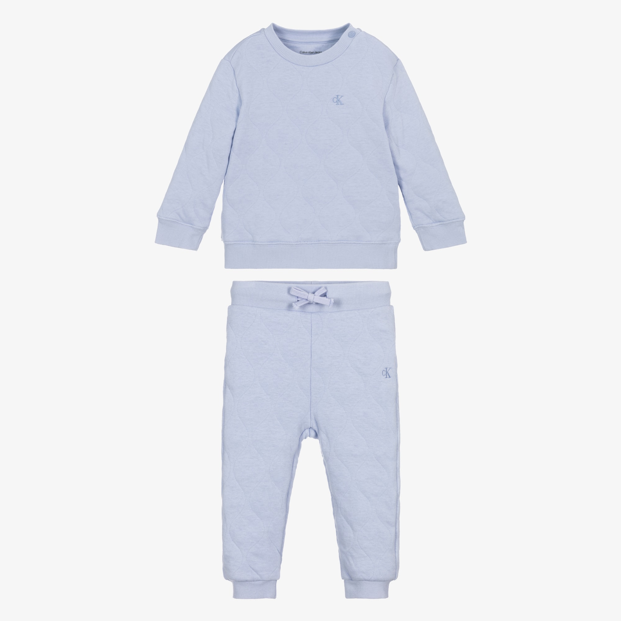 Boys Pale Blue Quilted Cotton Tracksuit with Monogram Logo - View 2