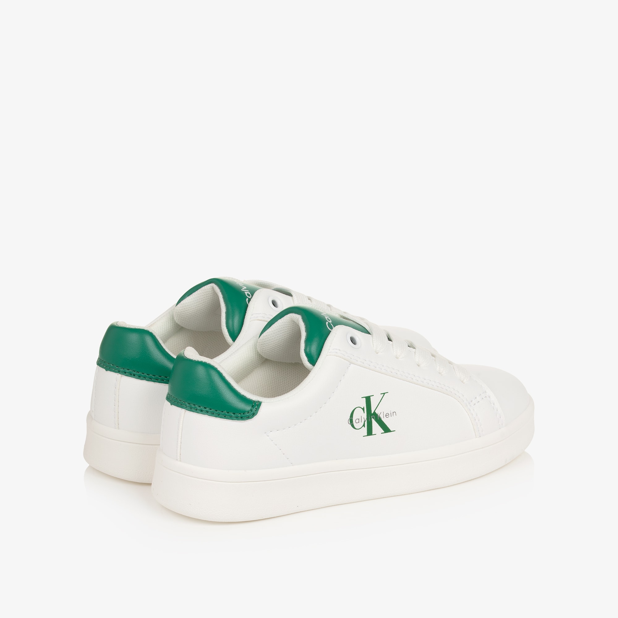 Boys White Faux Leather Trainers with Green Detailing - View 2
