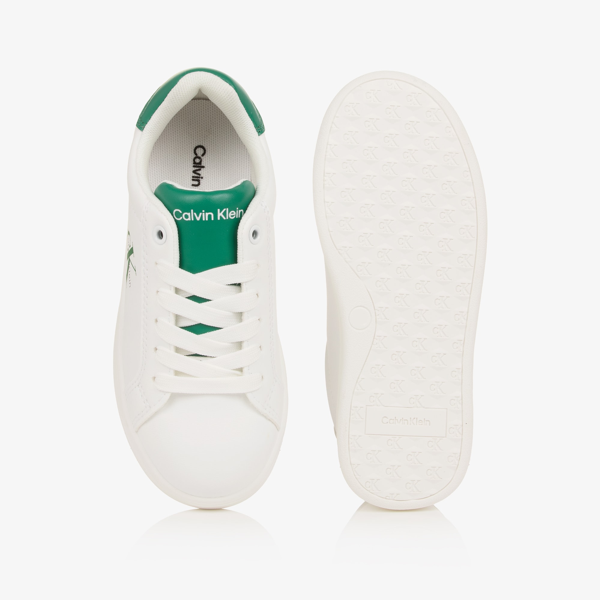 Boys White Faux Leather Trainers with Green Detailing - View 3