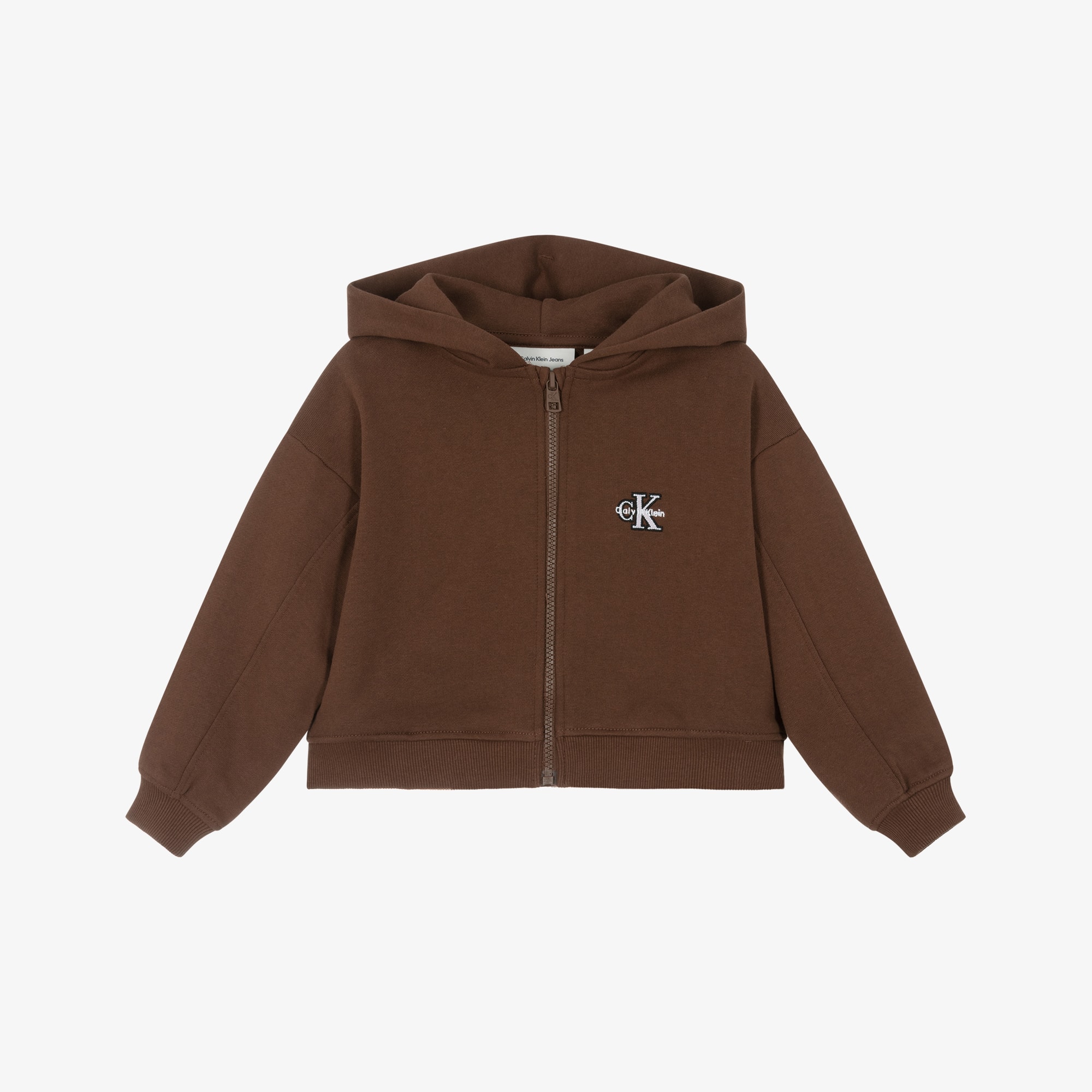 Girls Brown Cotton Boxy Zip-Up Hoodie - View 1