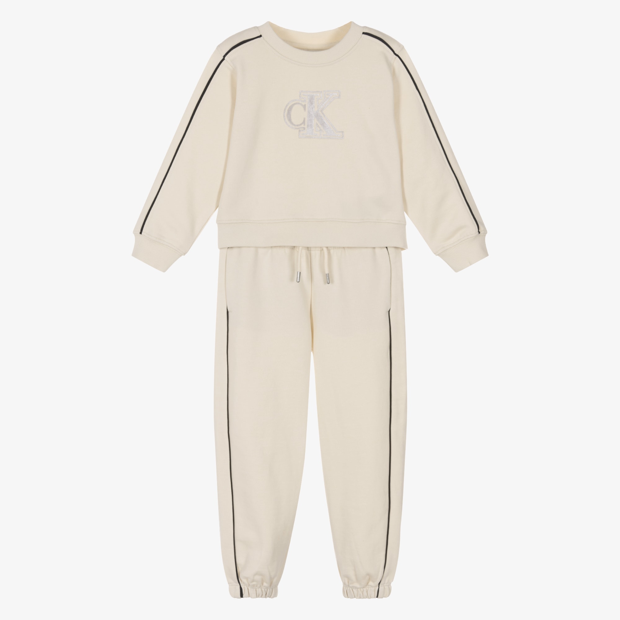 Girls Ivory Cotton Tracksuit with Black Piping & Monogram Logo - View 1