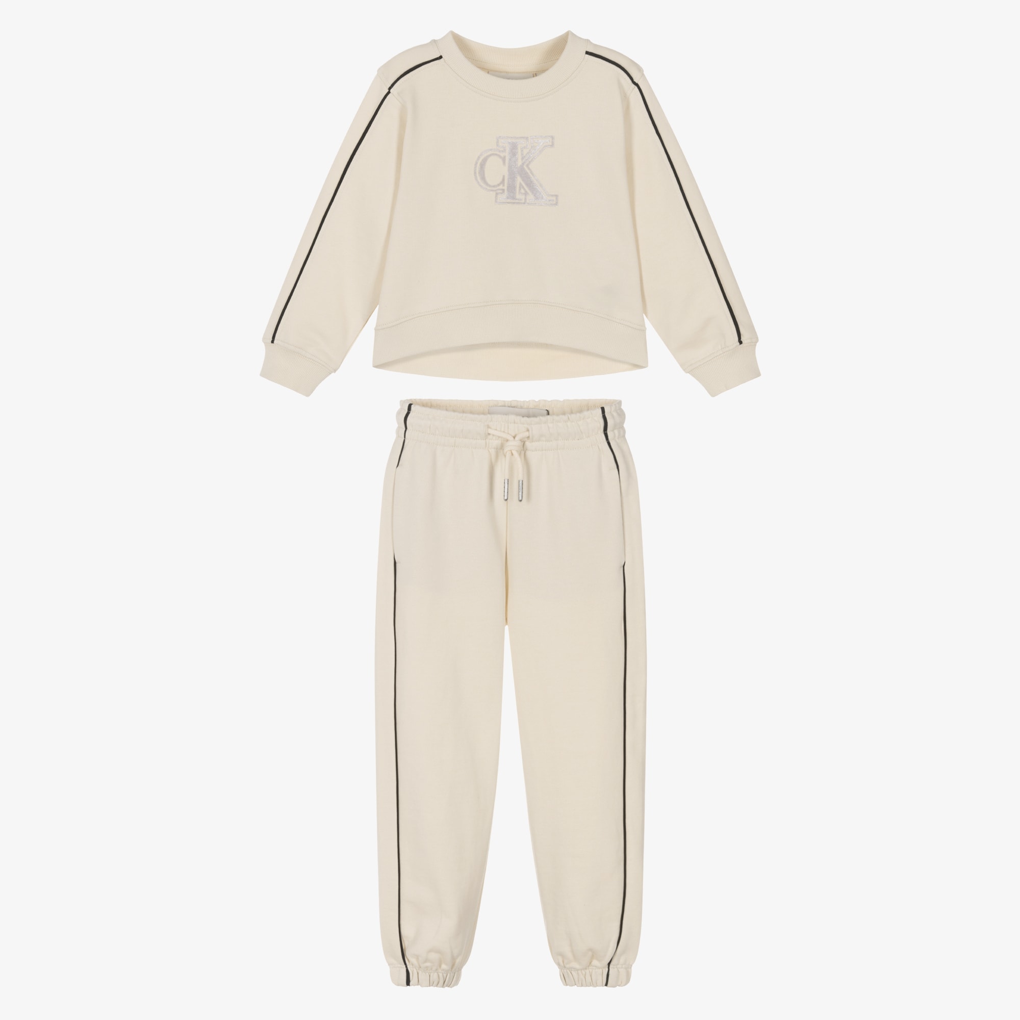 Girls Ivory Cotton Tracksuit with Black Piping & Monogram Logo - View 2