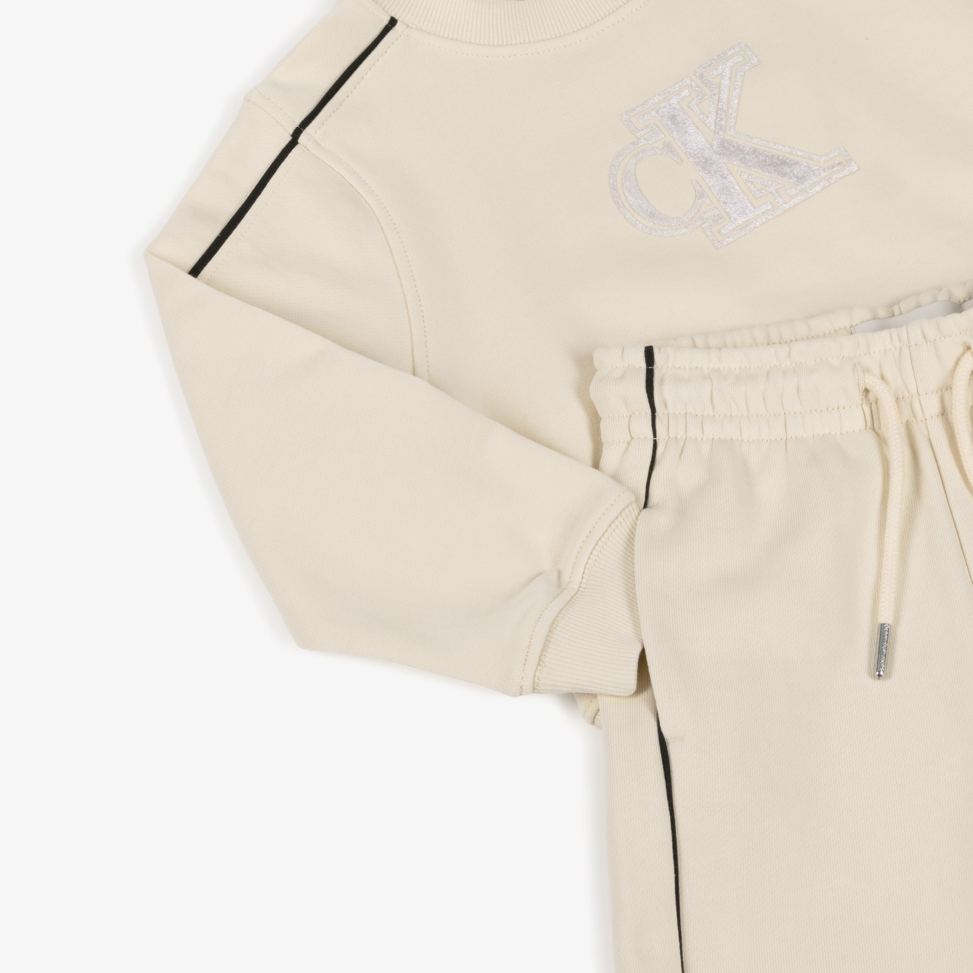 Girls Ivory Cotton Tracksuit with Black Piping & Monogram Logo - View 4