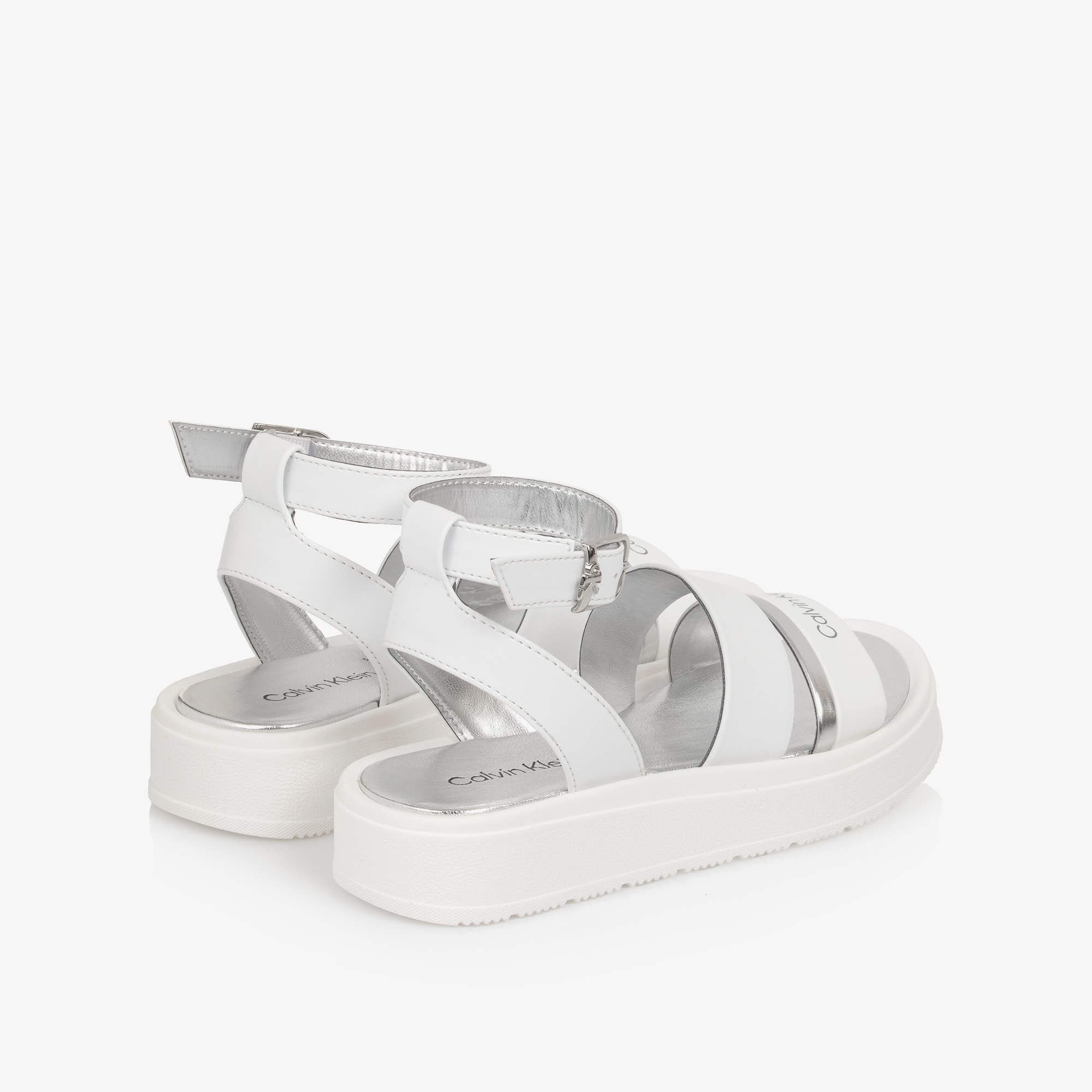Girls White Faux Leather Sandals with Silver Trims - View 2