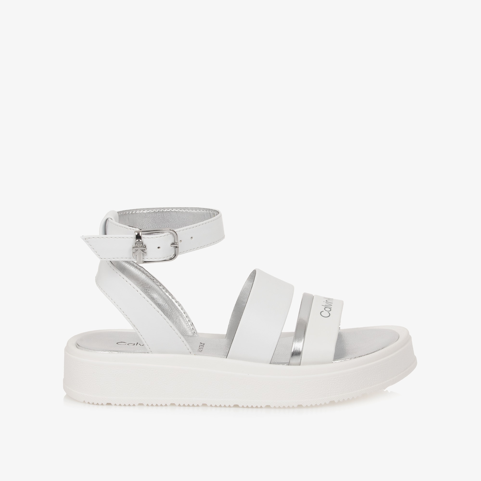 Girls White Faux Leather Sandals with Silver Trims - View 4