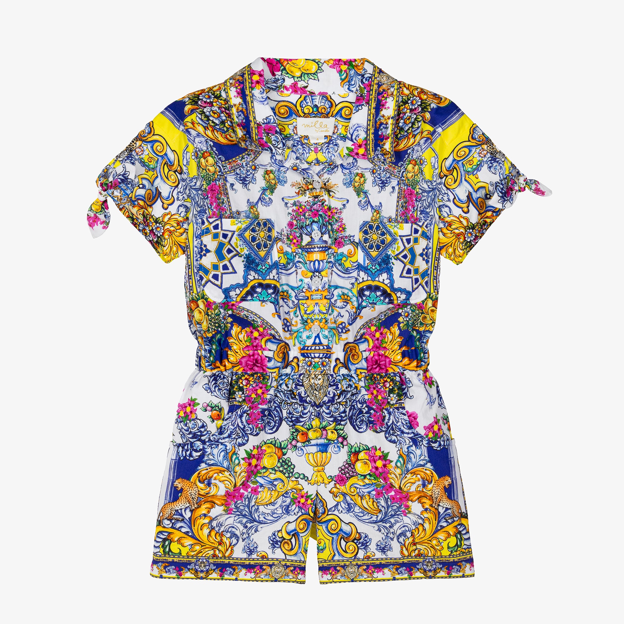 Girls Blue Cotton Baroque Print Playsuit with Diamanté Collar - View 1