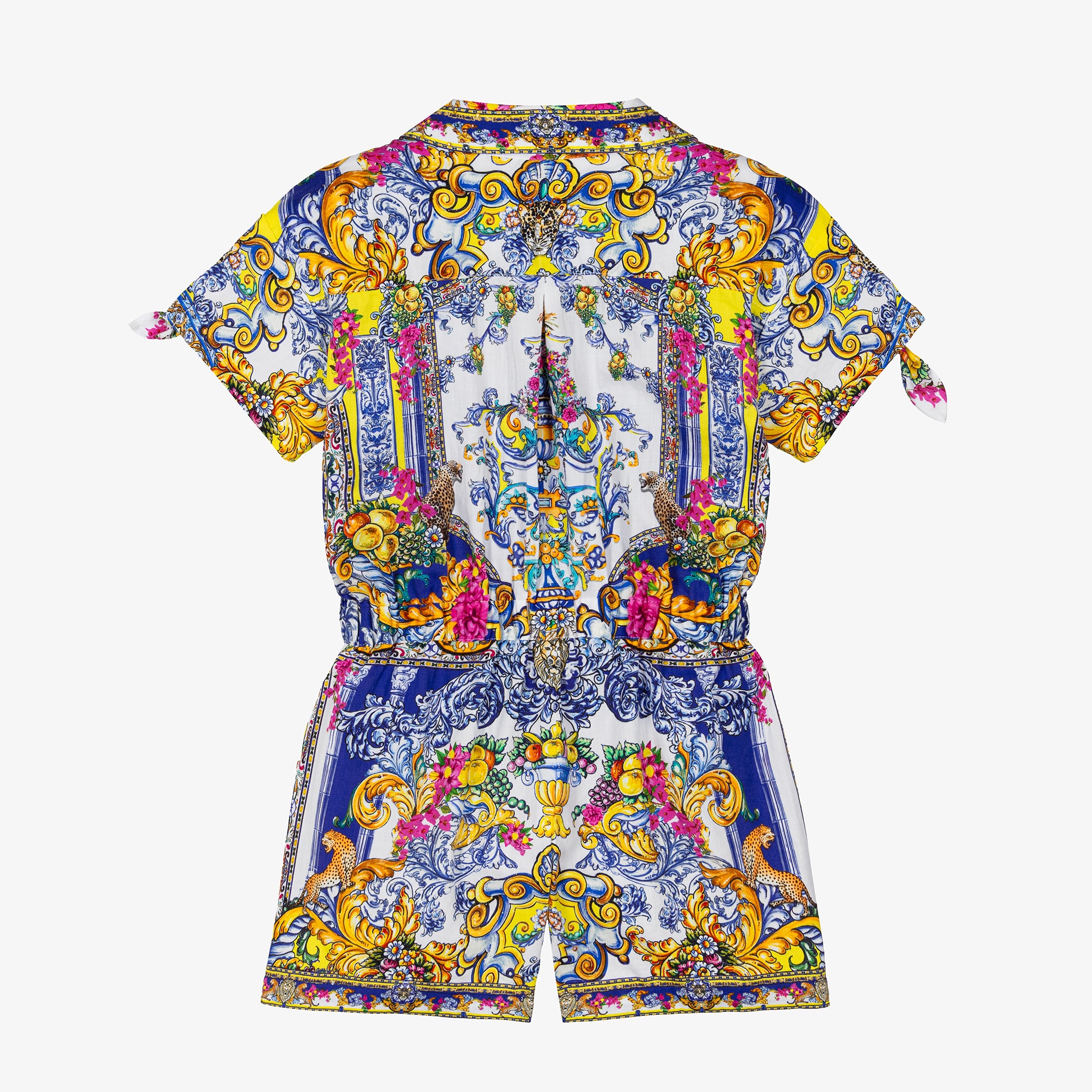 Girls Blue Cotton Baroque Print Playsuit with Diamanté Collar - View 2