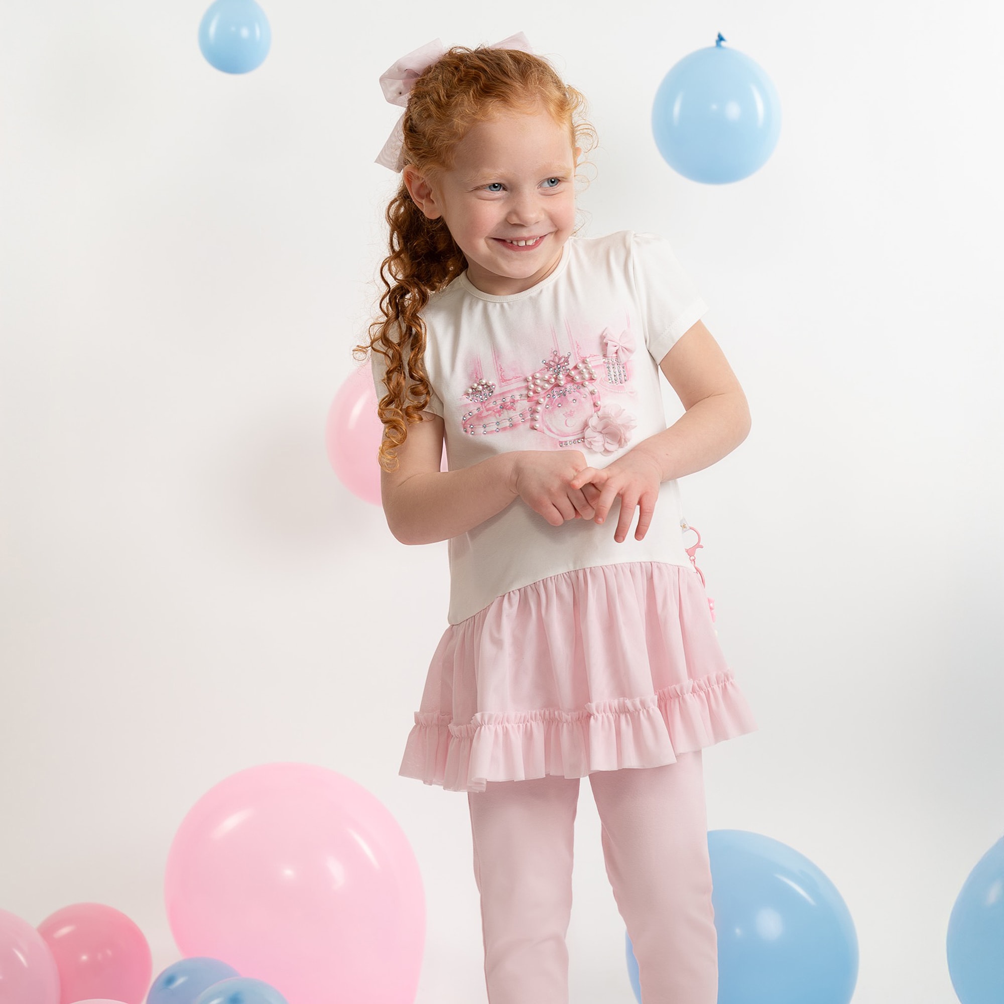 Girls Blue Cotton Leggings Set with Frills, Pearls & Diamantés - View 2