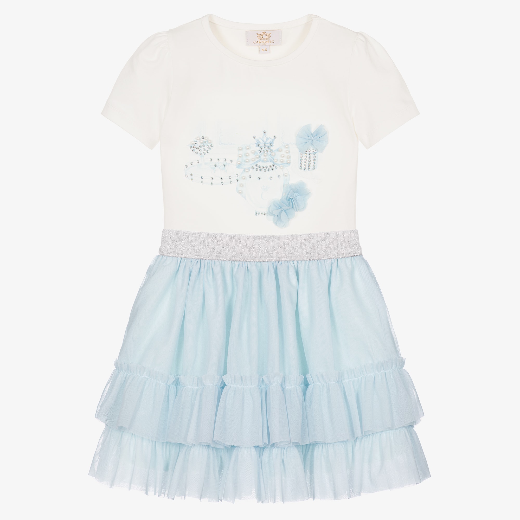 Girls Pink Tulle Skirt Set with Frills, Pearls & Diamantés - View 1