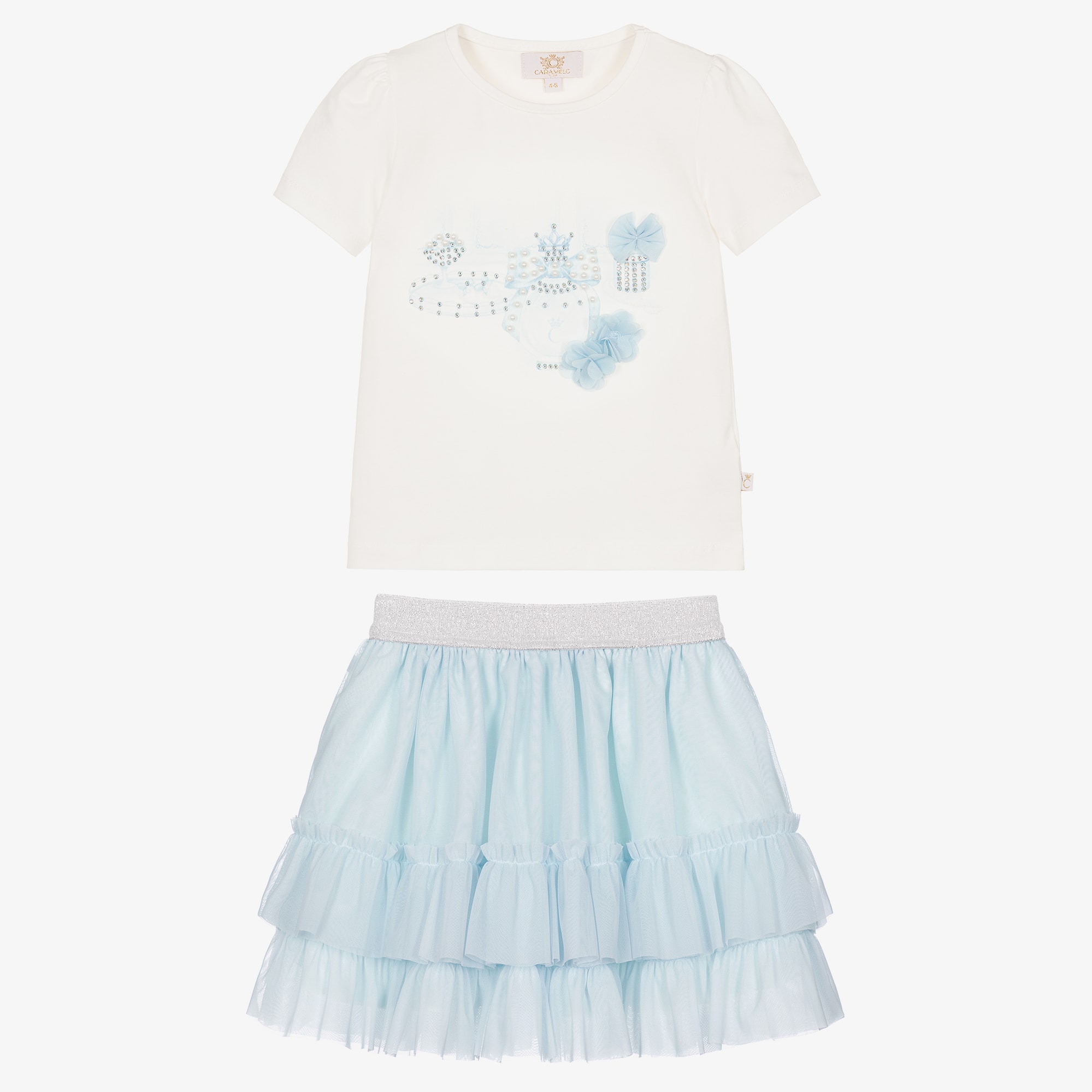 Girls Pink Tulle Skirt Set with Frills, Pearls & Diamantés - View 3