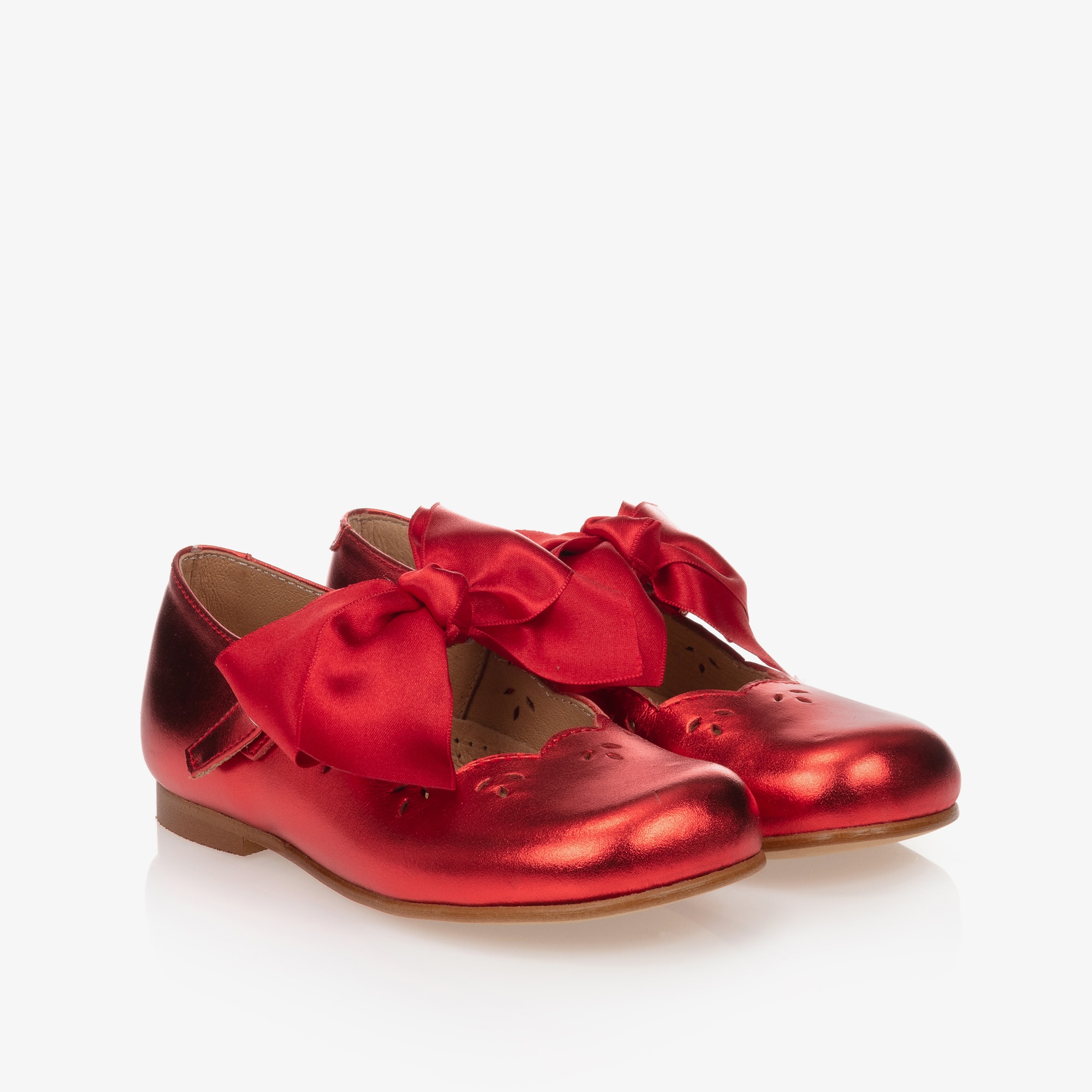 Metallic Red Leather Shoes With Ribbon Bows - View 1
