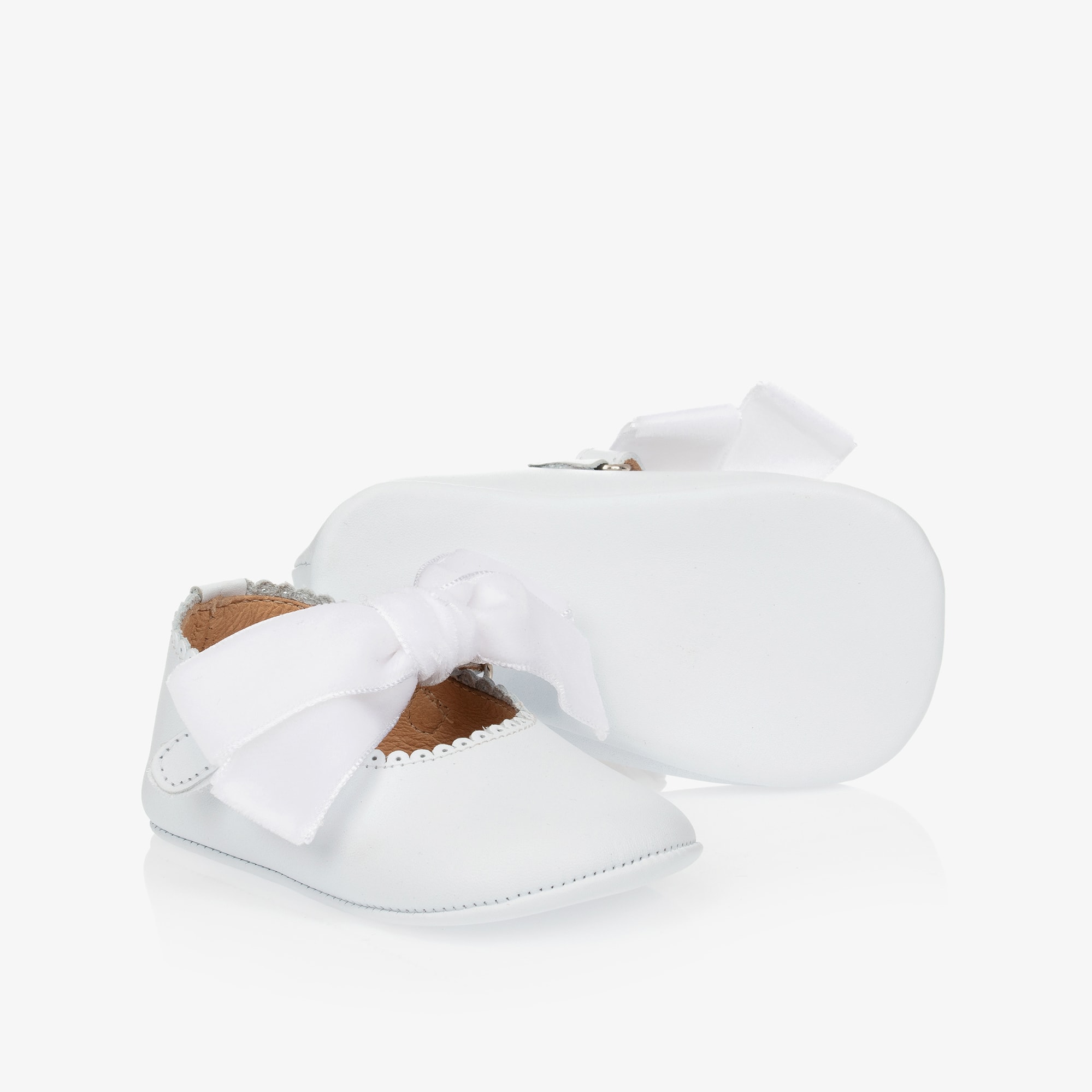 White Leather & Velvet Bow Pre-Walker Shoes - View 1