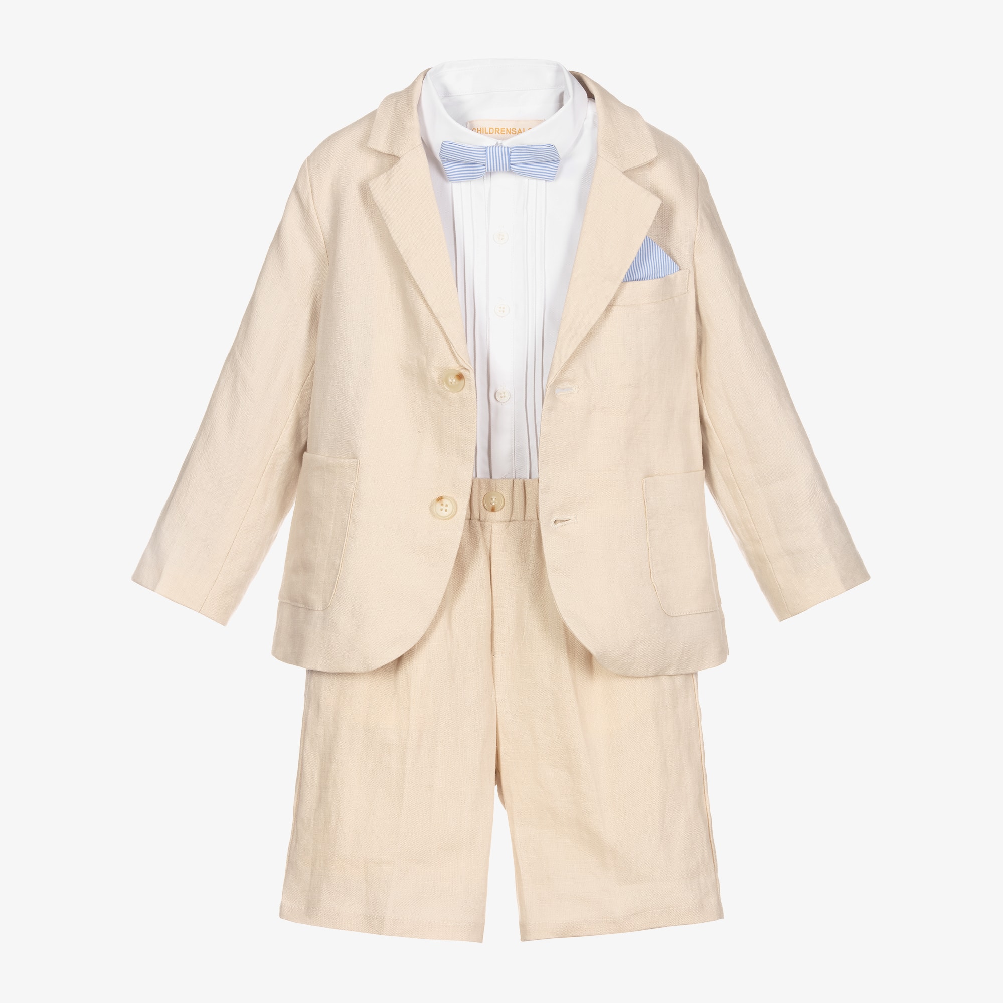 Boys Beige Linen Shorts Suit - View 1