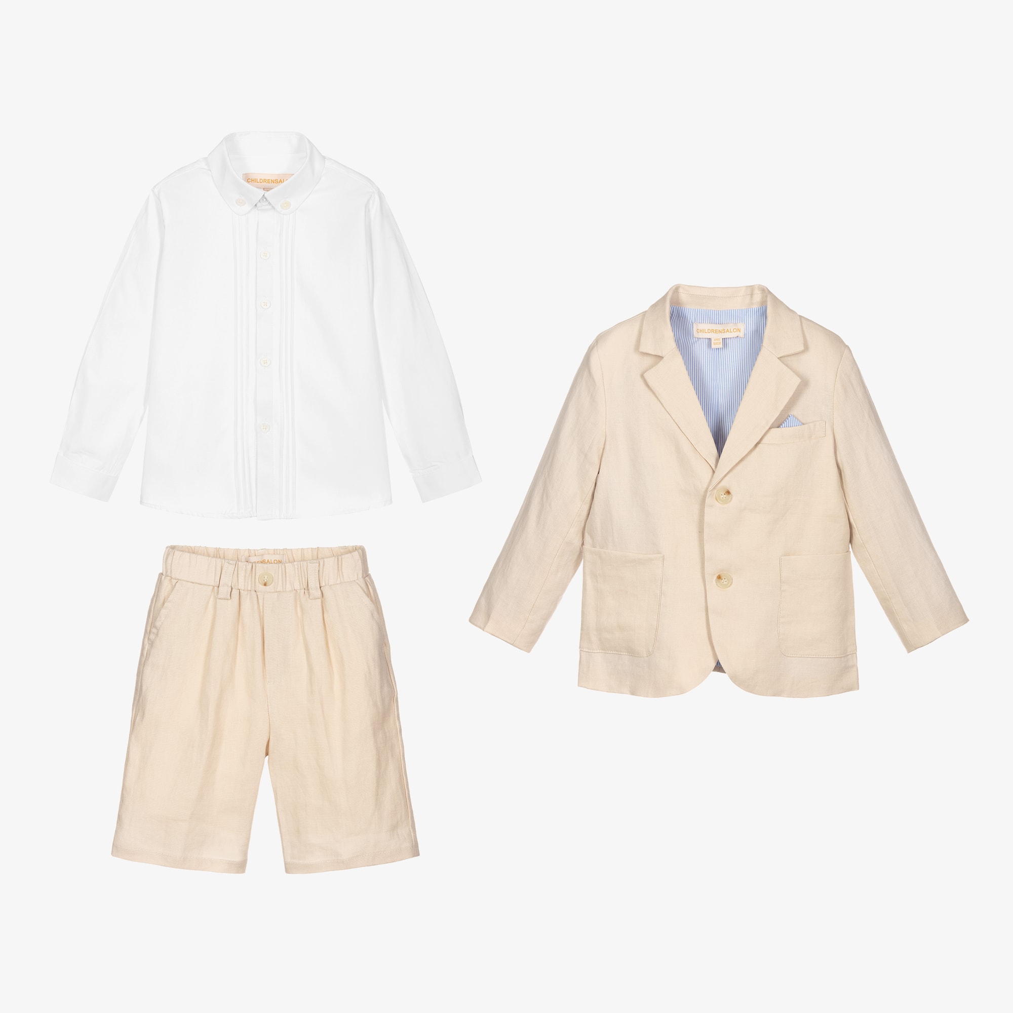 Boys Beige Linen Shorts Suit - View 4