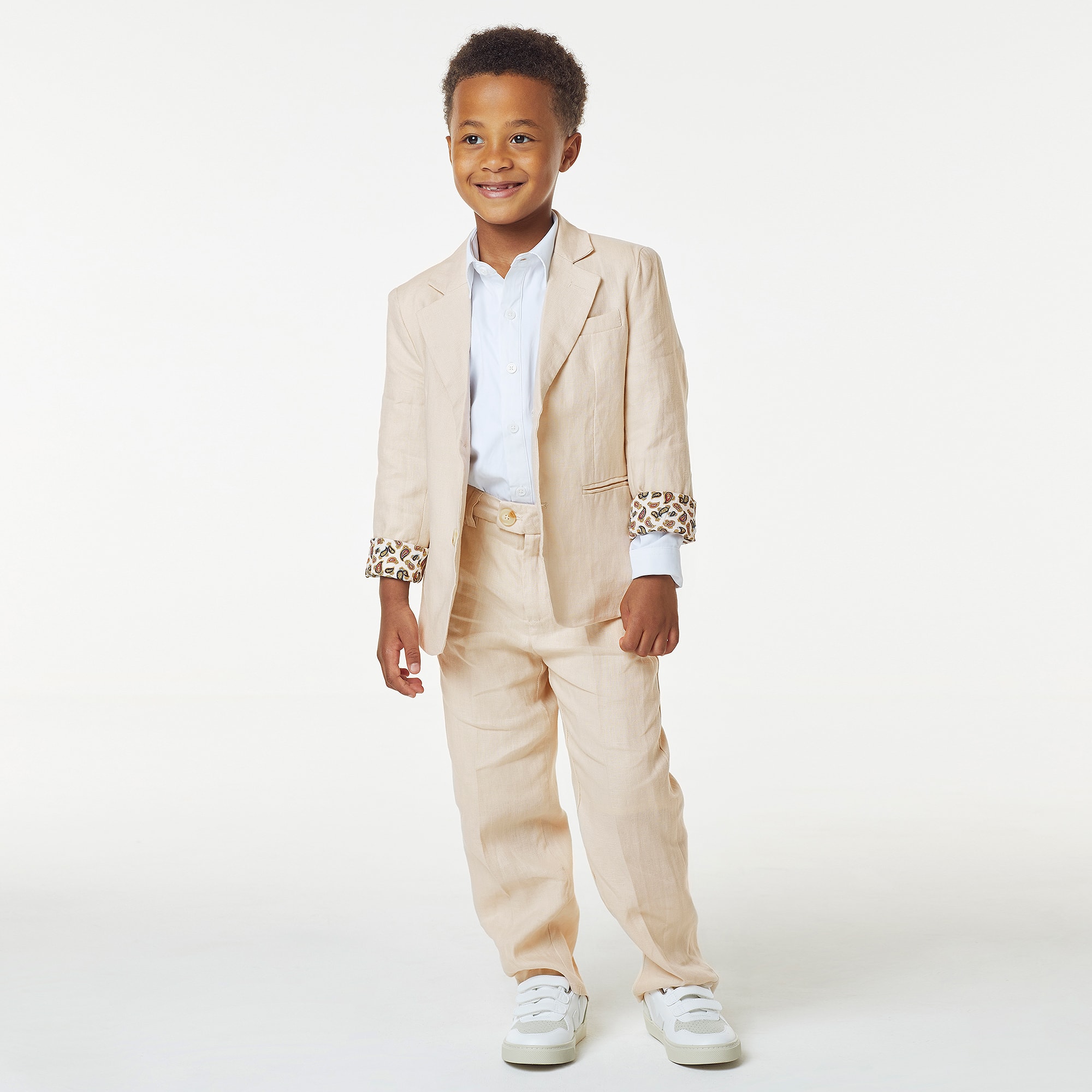 Boys Navy Blue Linen Trouser Suit & Tie - View 2