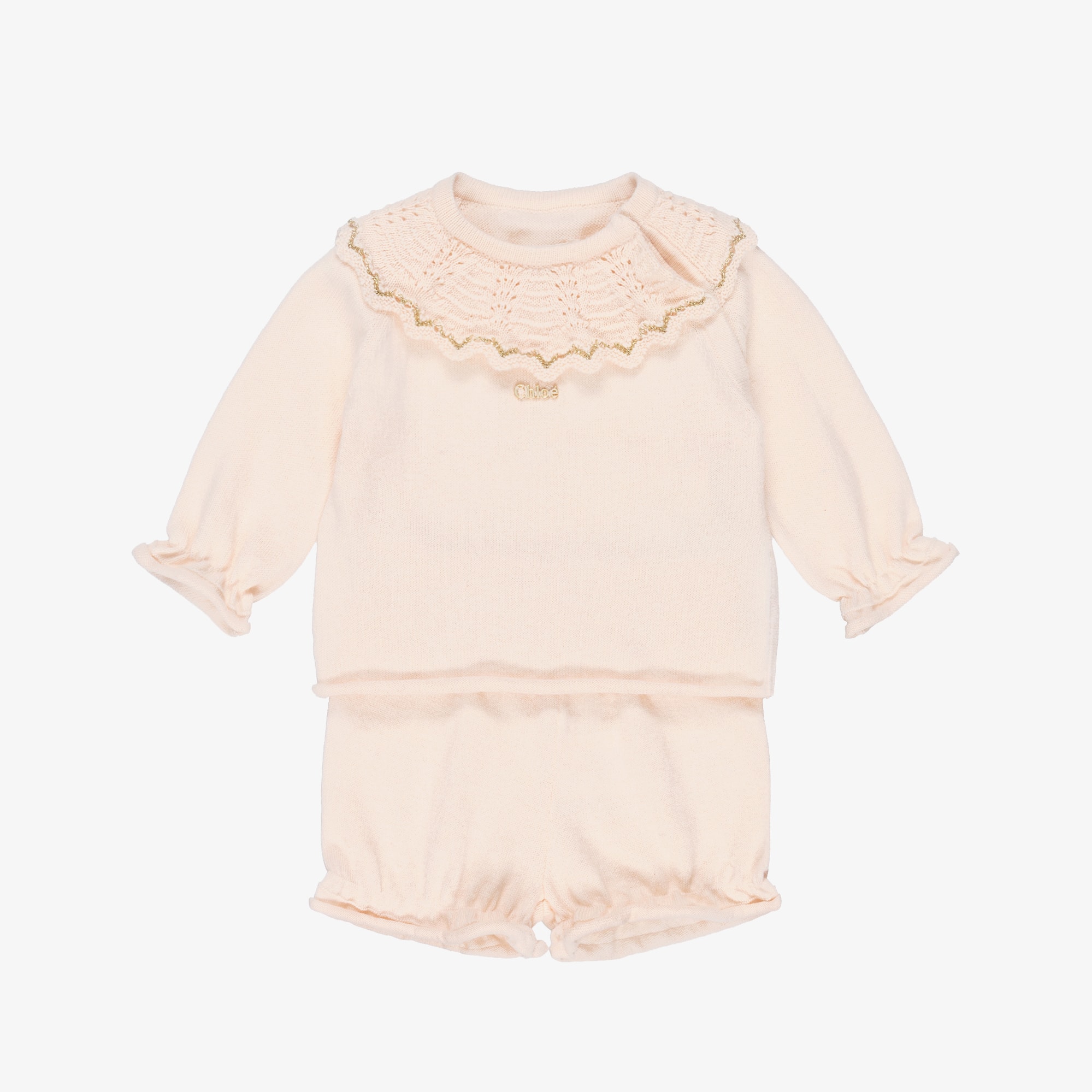 Baby Girls Pale Pink Cotton & Cashmere Shorts Set - View 1