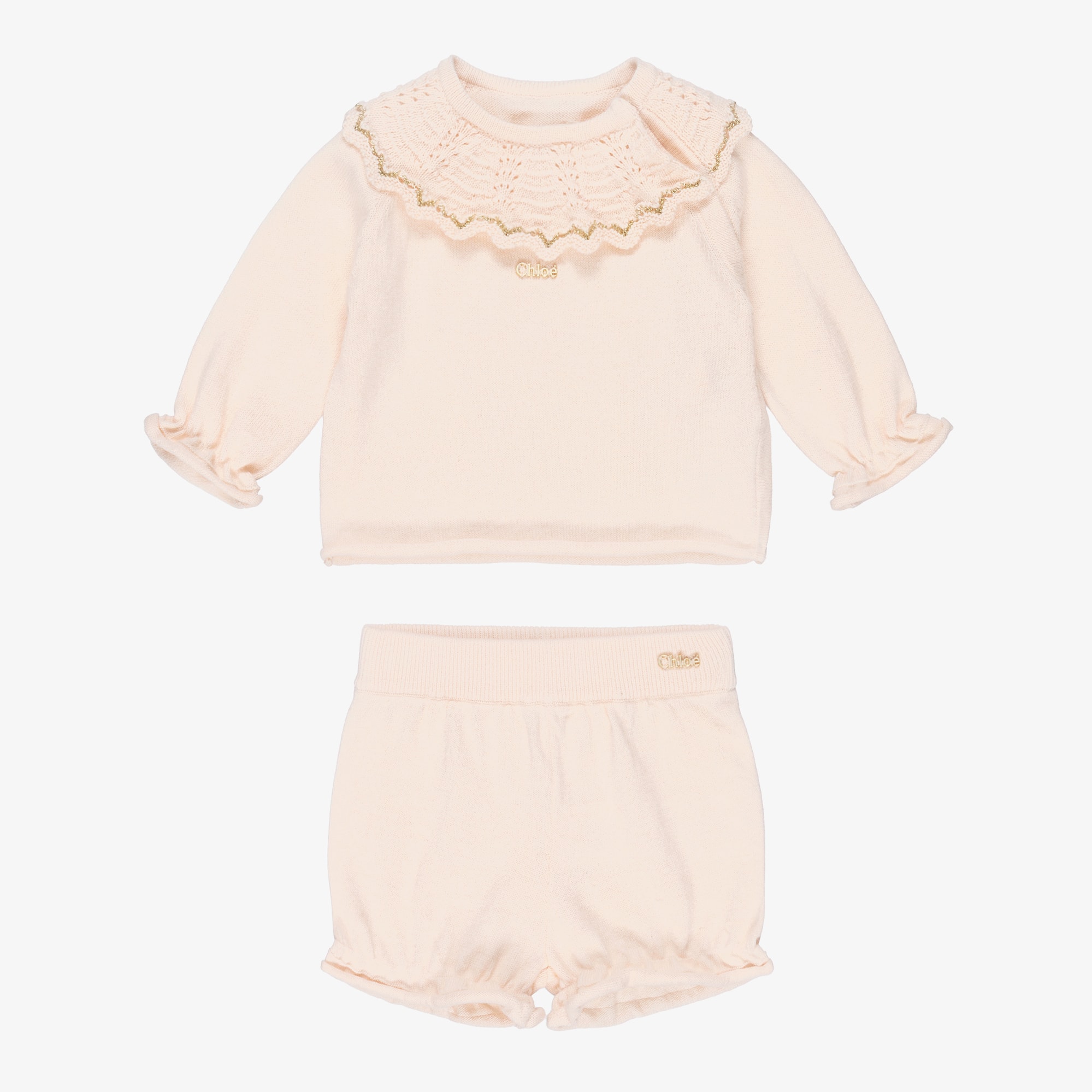 Baby Girls Pale Pink Cotton & Cashmere Shorts Set - View 2