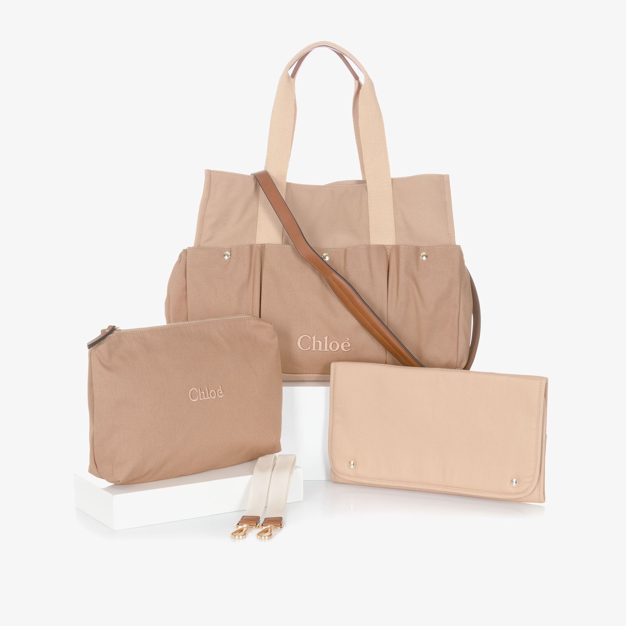 Beige Canvas Changing Bag with Pouch & Mat (41cm) - View 1