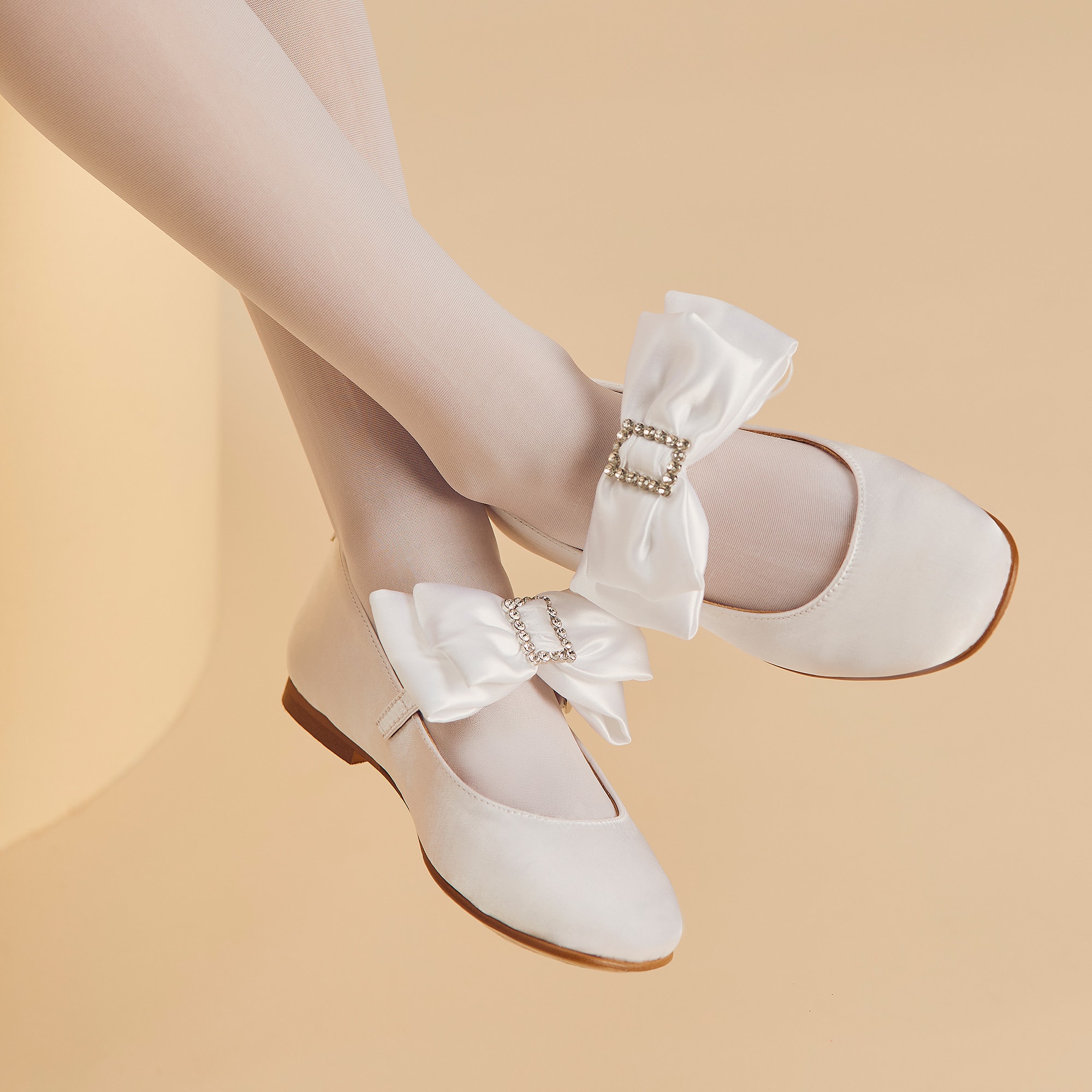 Girls Ivory Satin Diamanté Buckle Shoes - View 2
