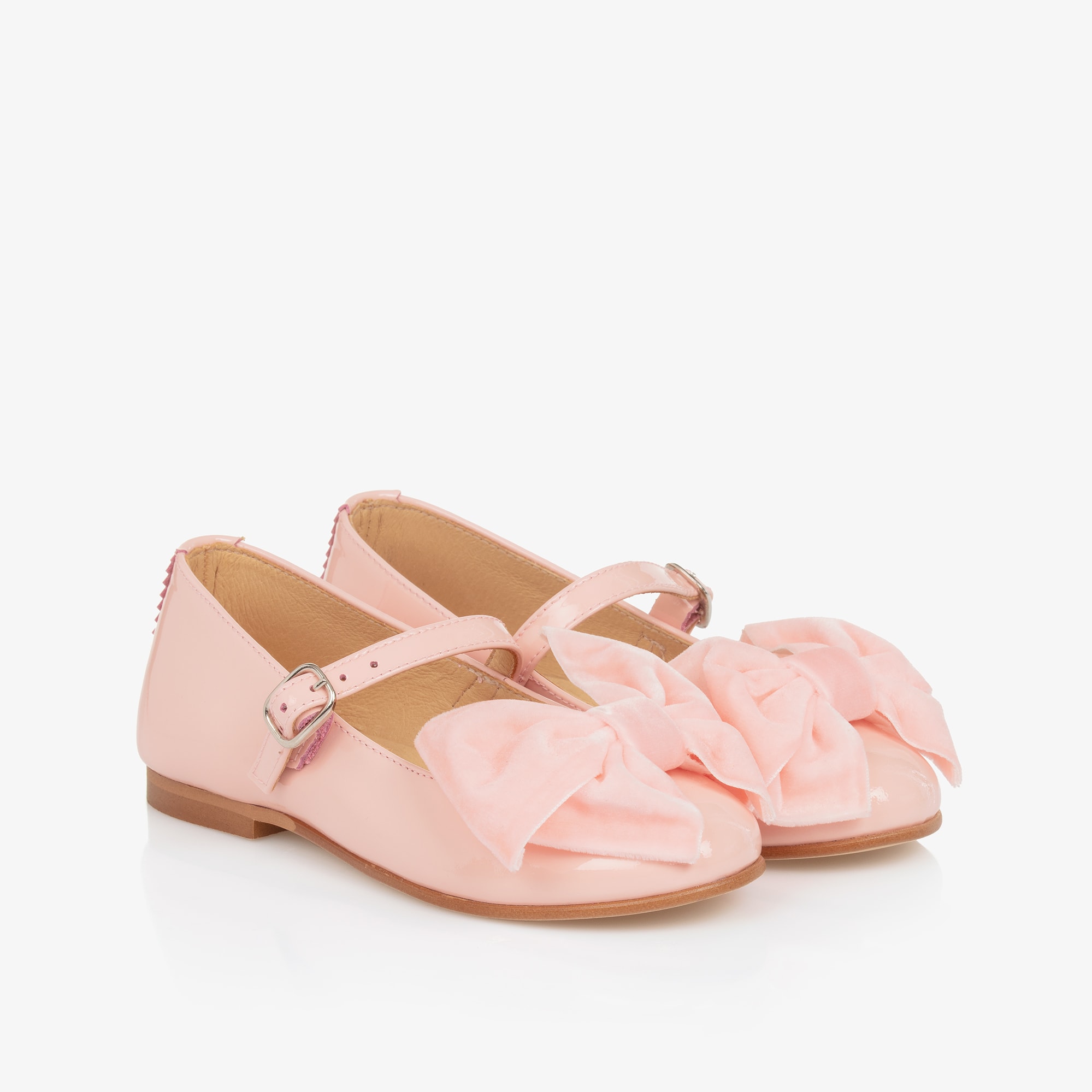 Girls Pink Patent Leather & Velvet Bow Shoes - View 1