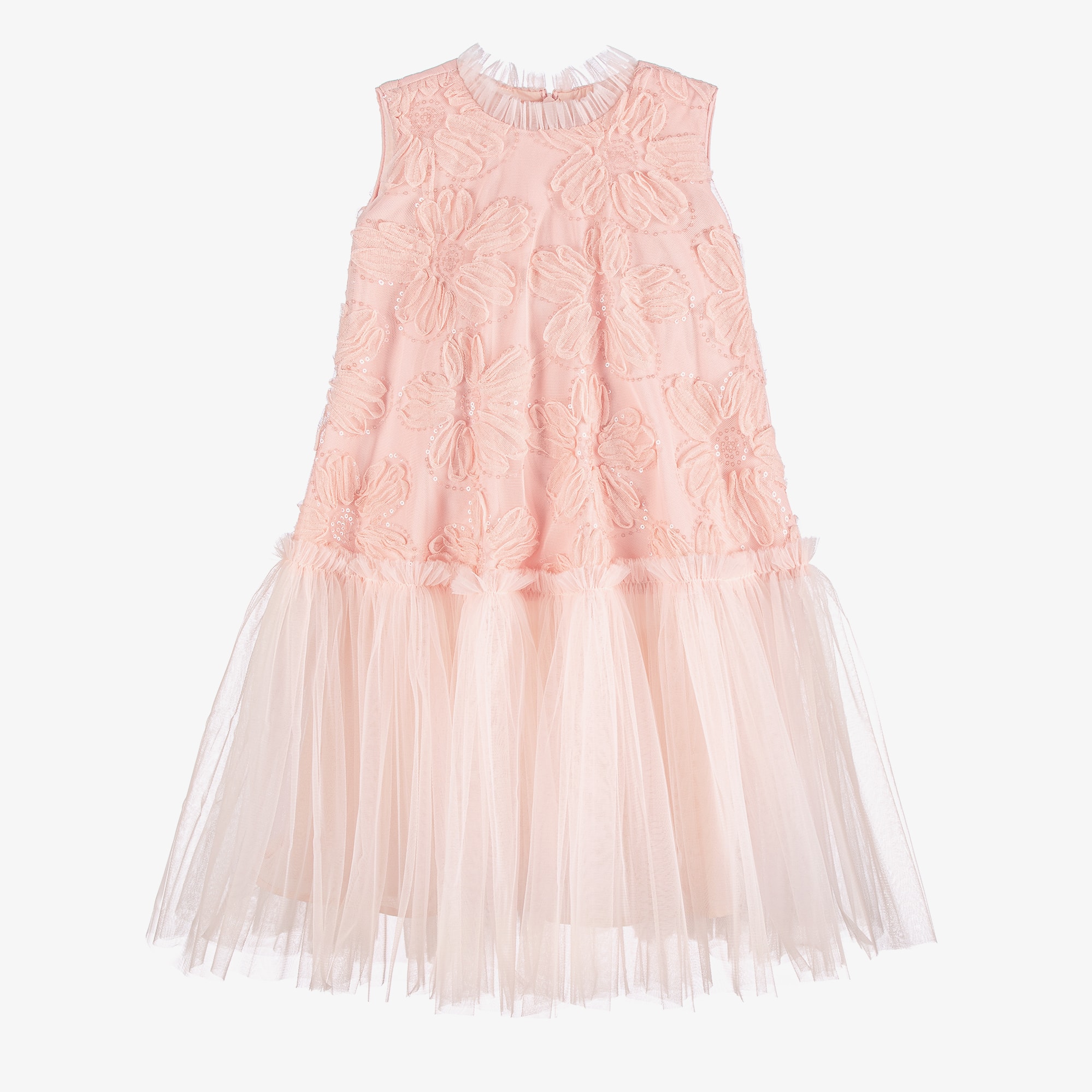 Girls Pink Tulle Dress with Sequinned Flowers - View 1