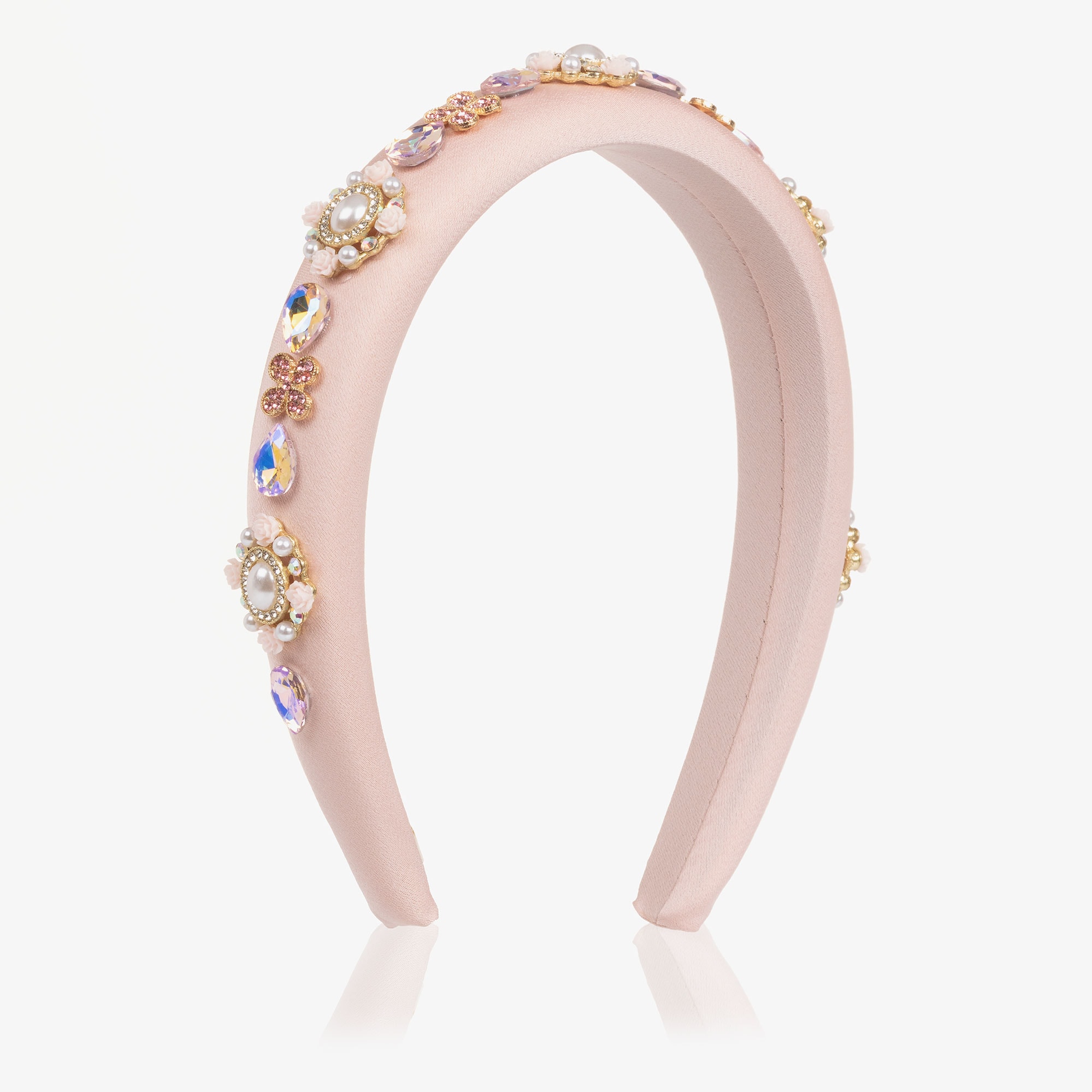 Girls Pale Pink Padded Satin Hairband with Crystals & Pearls - View 1