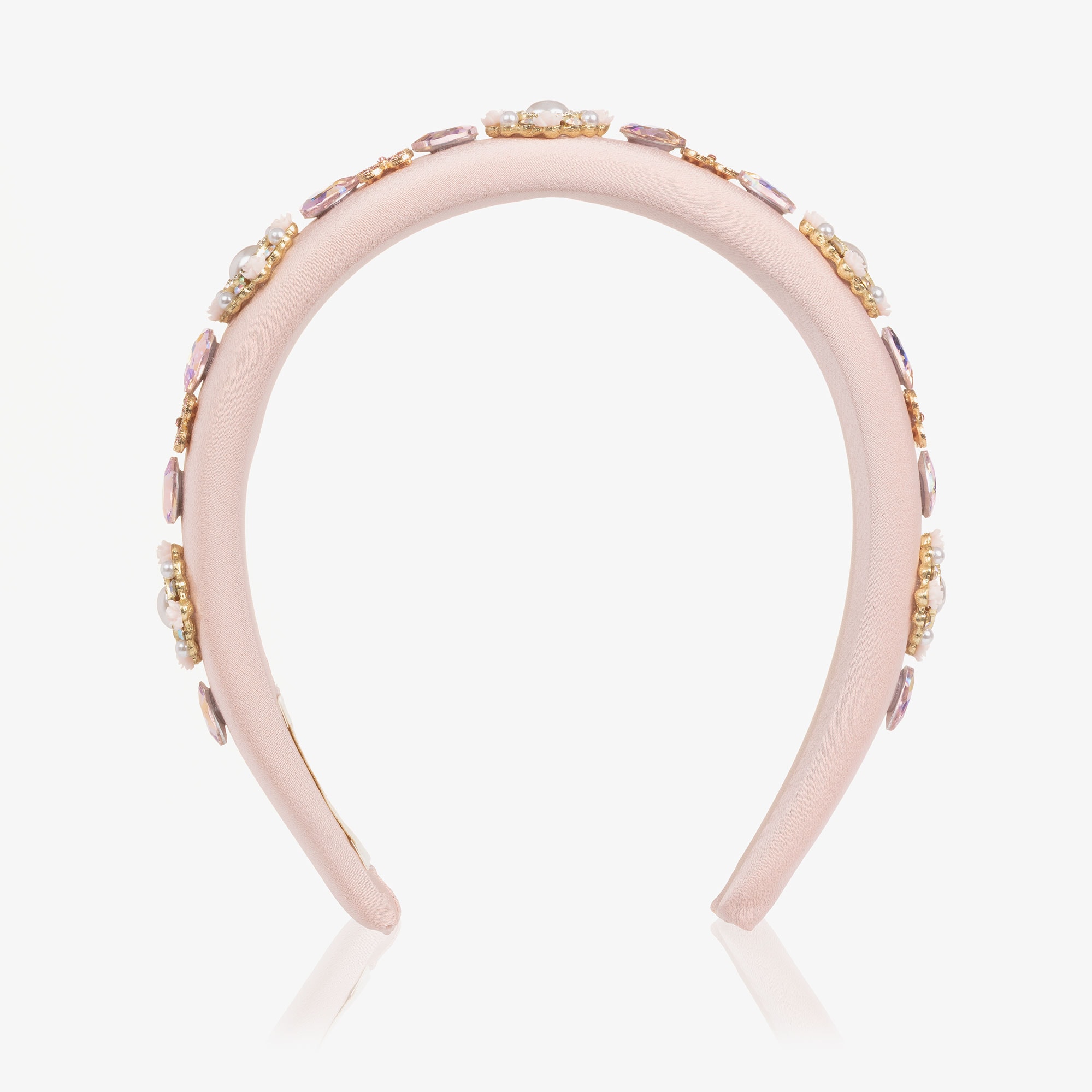 Girls Pale Pink Padded Satin Hairband with Crystals & Pearls - View 3