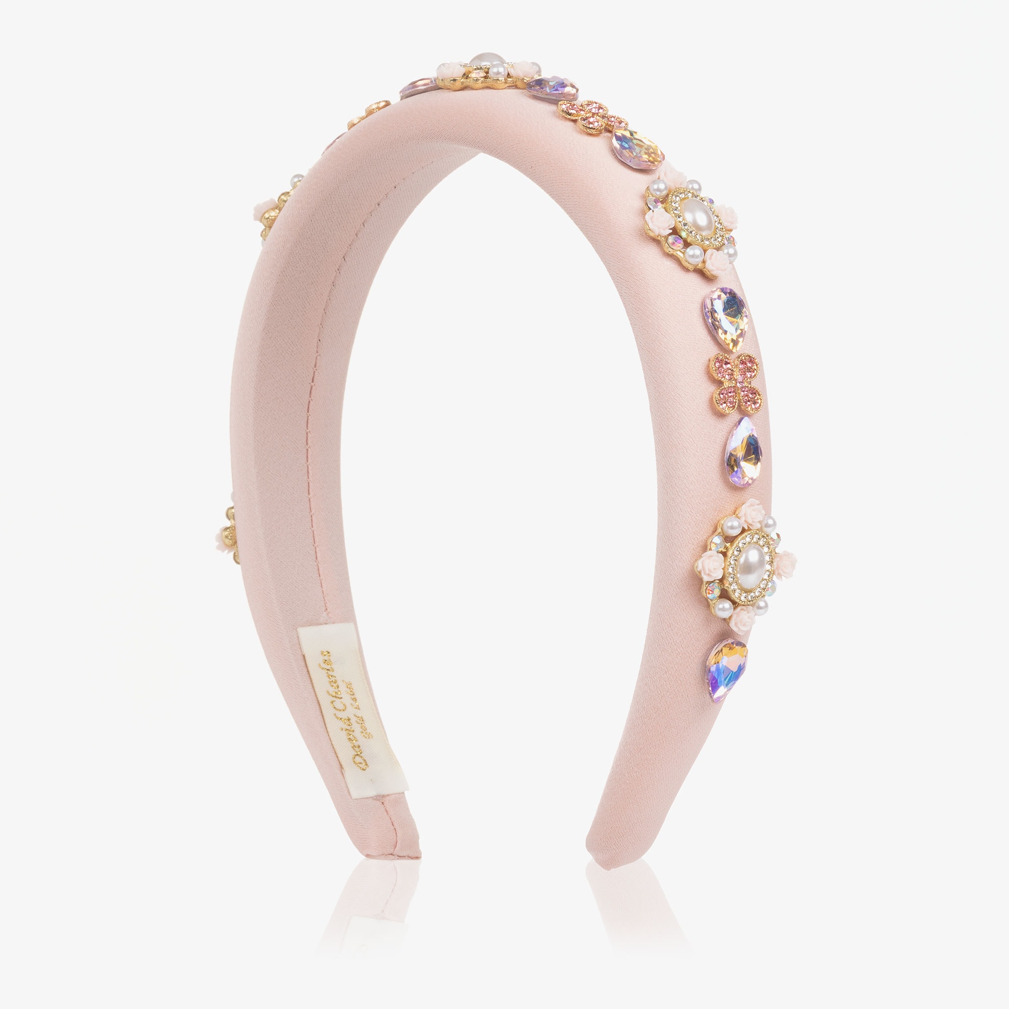 Girls Pale Pink Padded Satin Hairband with Crystals & Pearls - View 4