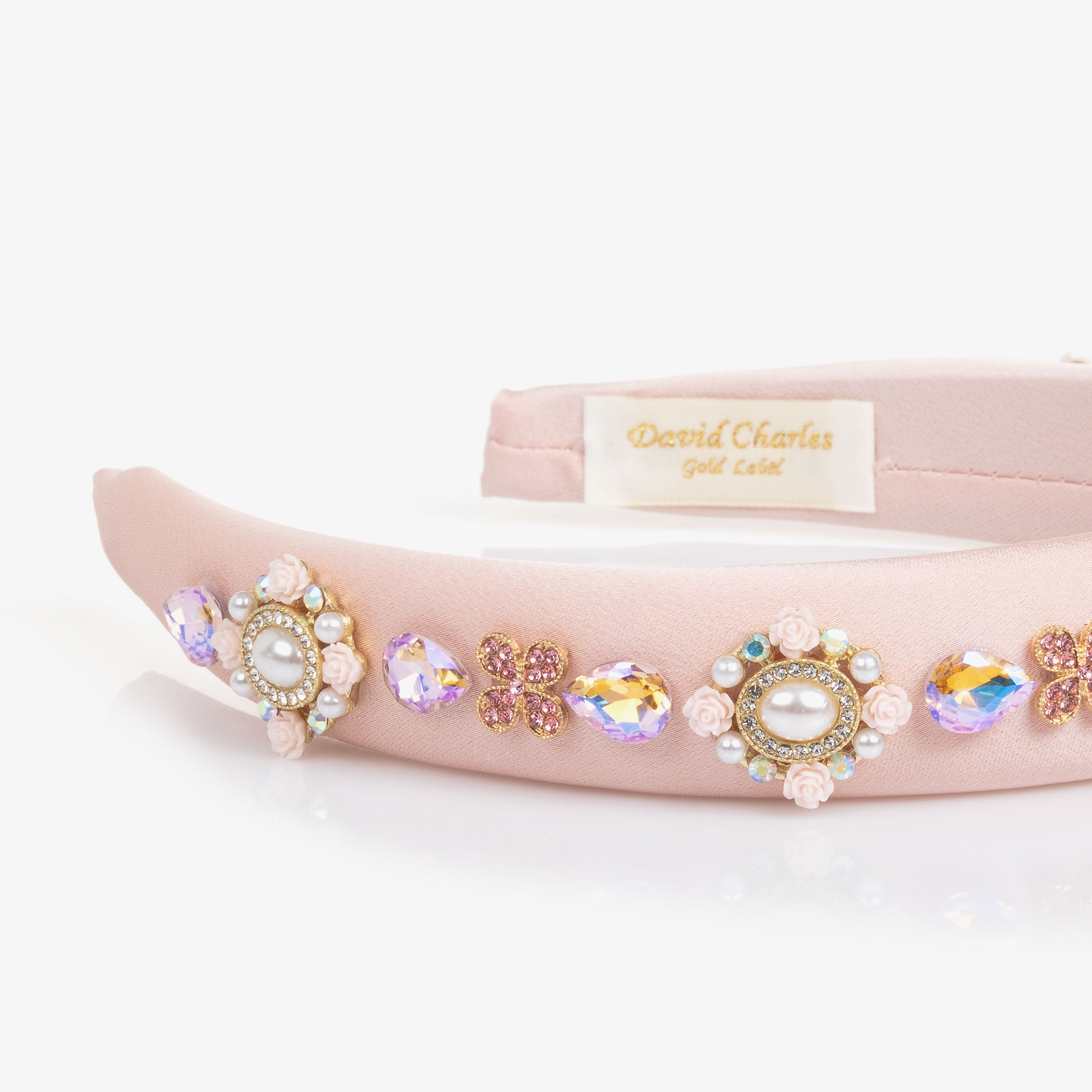 Girls Pale Pink Padded Satin Hairband with Crystals & Pearls - View 5