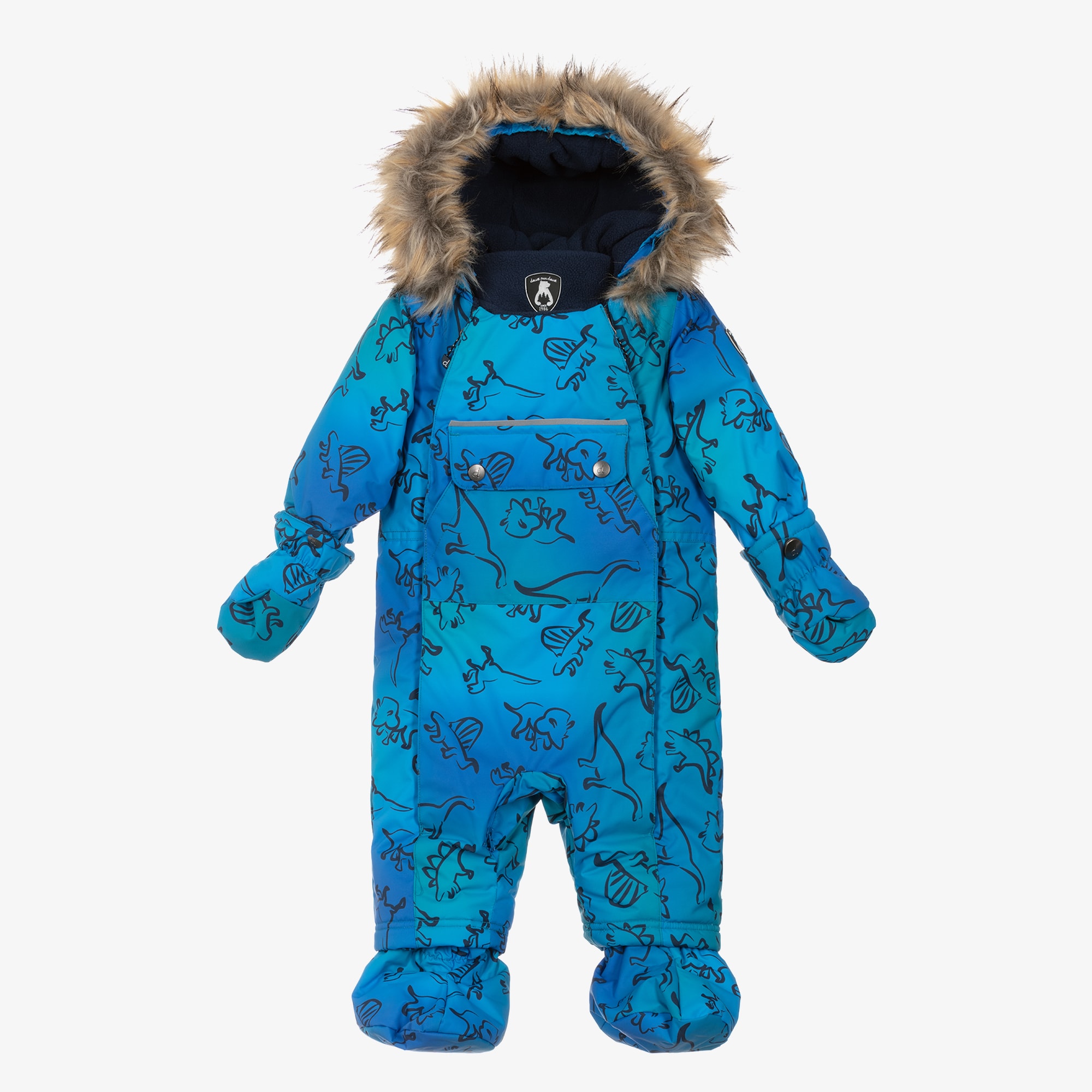 Boys Blue Dinosaur Print Snowsuit with Neck Warmer - View 1
