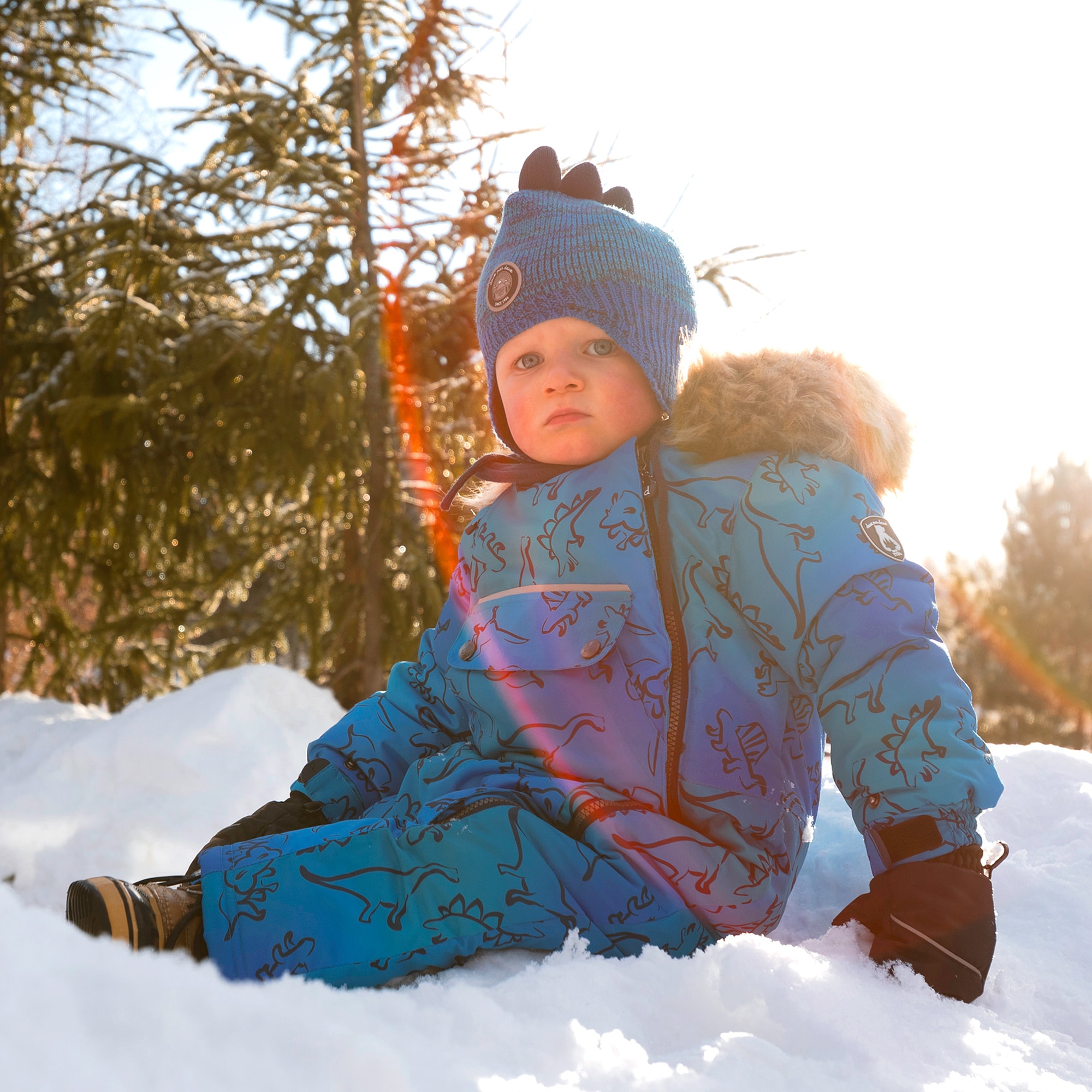 Boys Blue Dinosaur Print Snowsuit with Neck Warmer - View 2