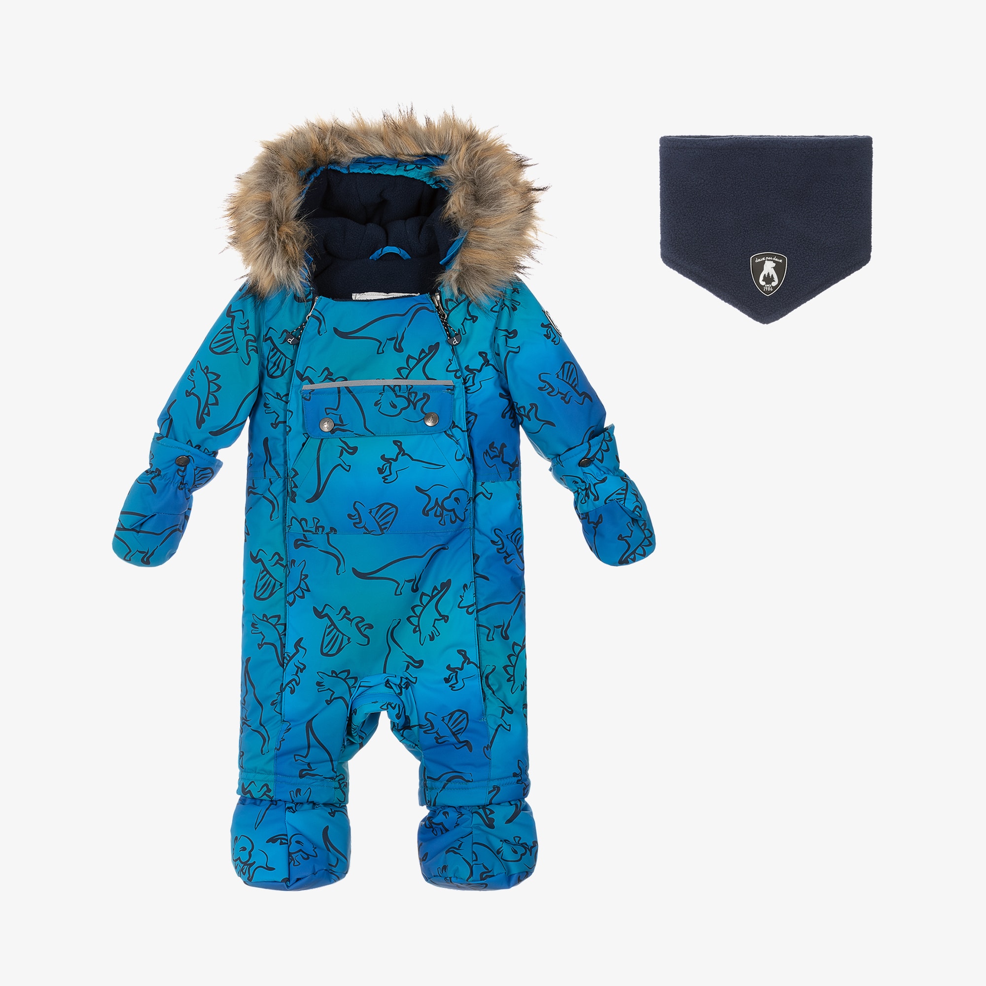 Boys Blue Dinosaur Print Snowsuit with Neck Warmer - View 3