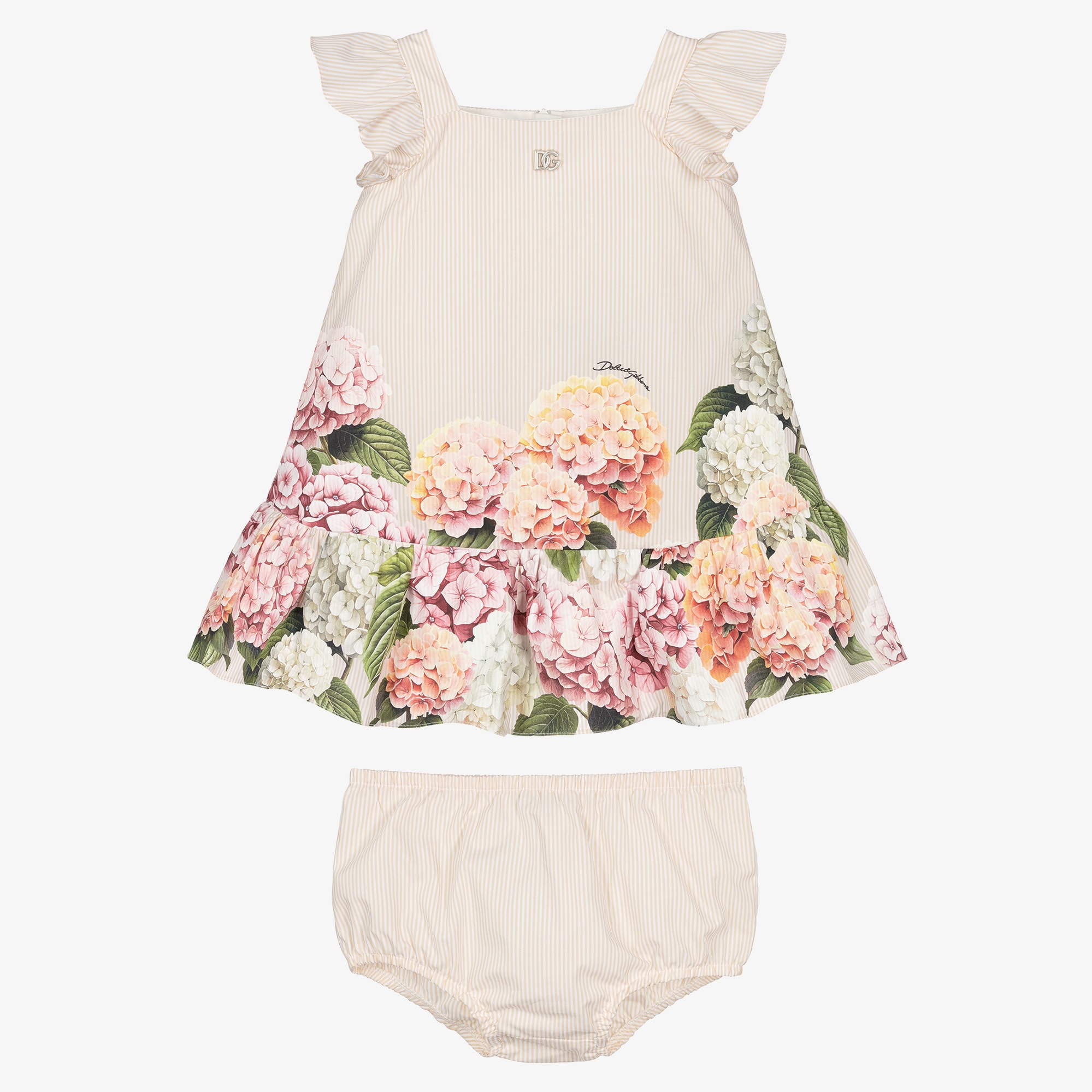 Baby Girls Beige Stripes & Hydrangea Print Poplin Dress - View 2