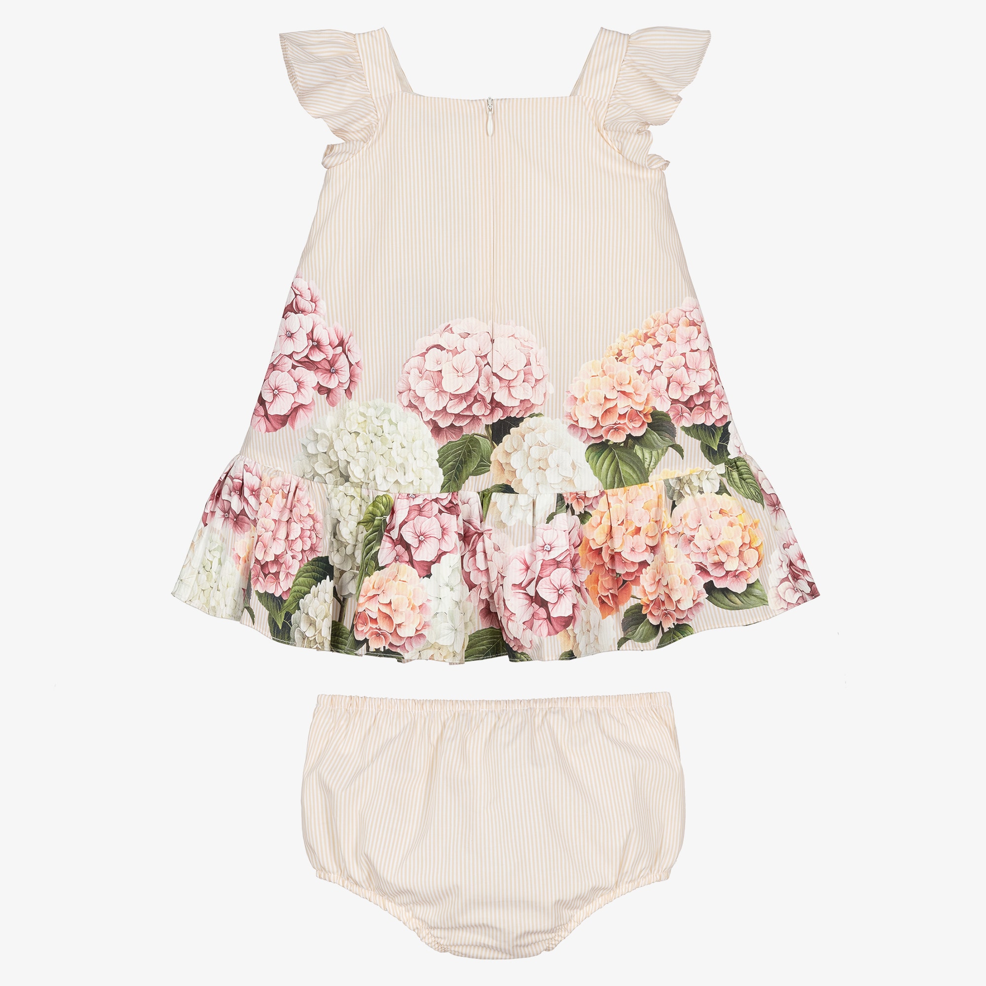 Baby Girls Beige Stripes & Hydrangea Print Poplin Dress - View 3
