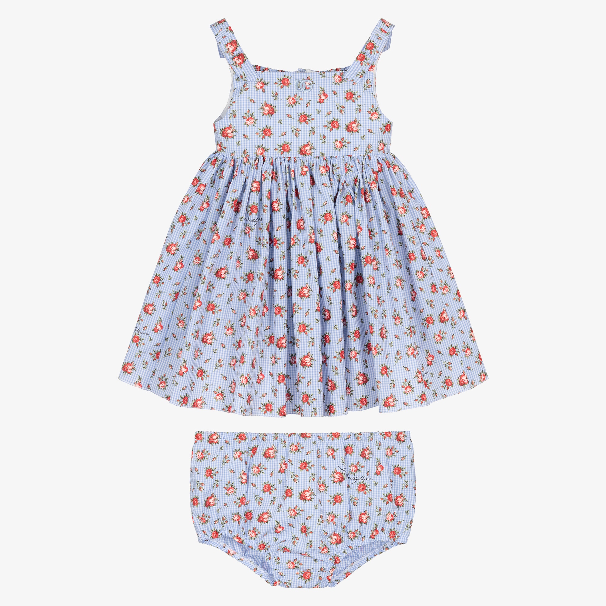 Baby Girls Blue Gingham & Red Rose Print Poplin Dress - View 2