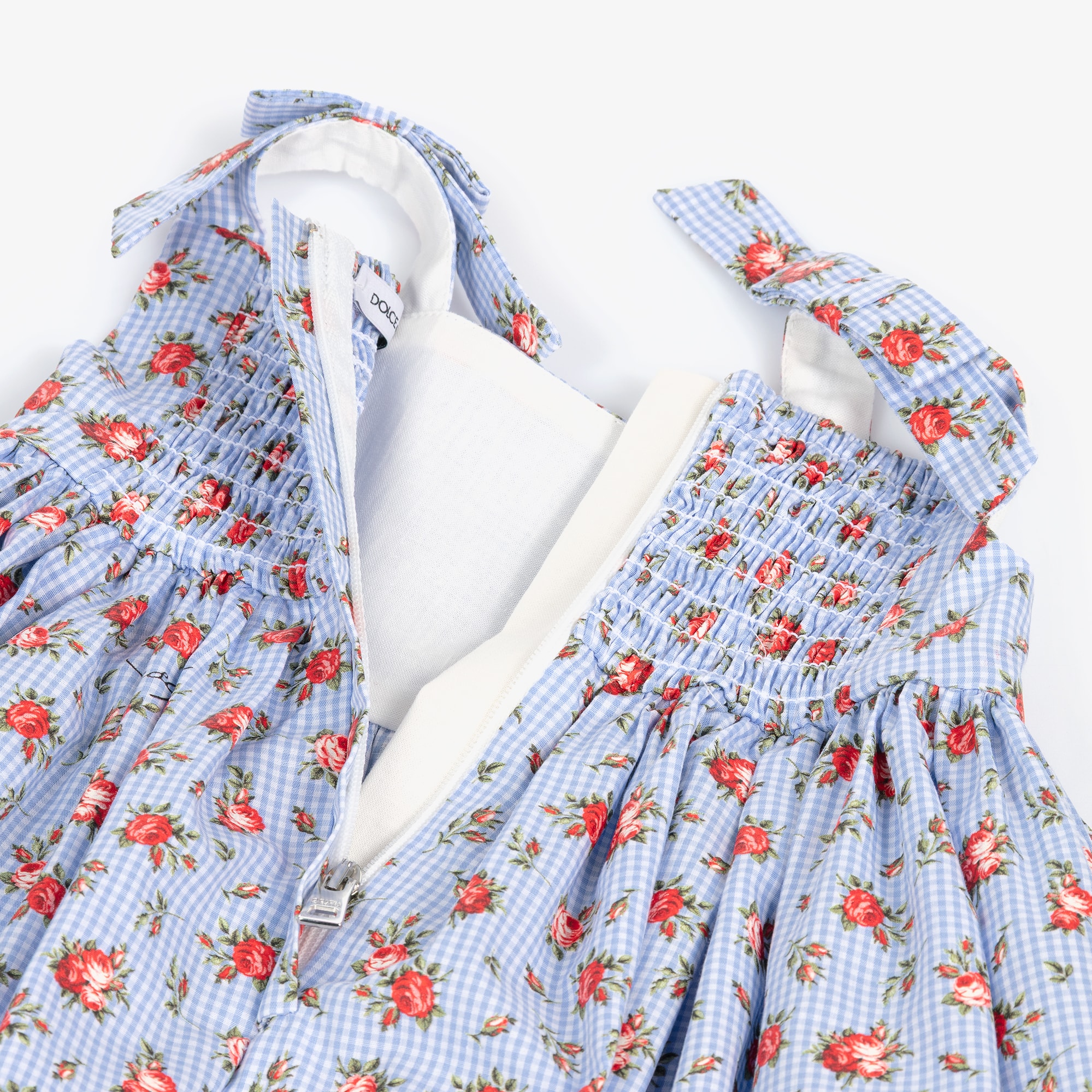 Baby Girls Blue Gingham & Red Rose Print Poplin Dress - View 4