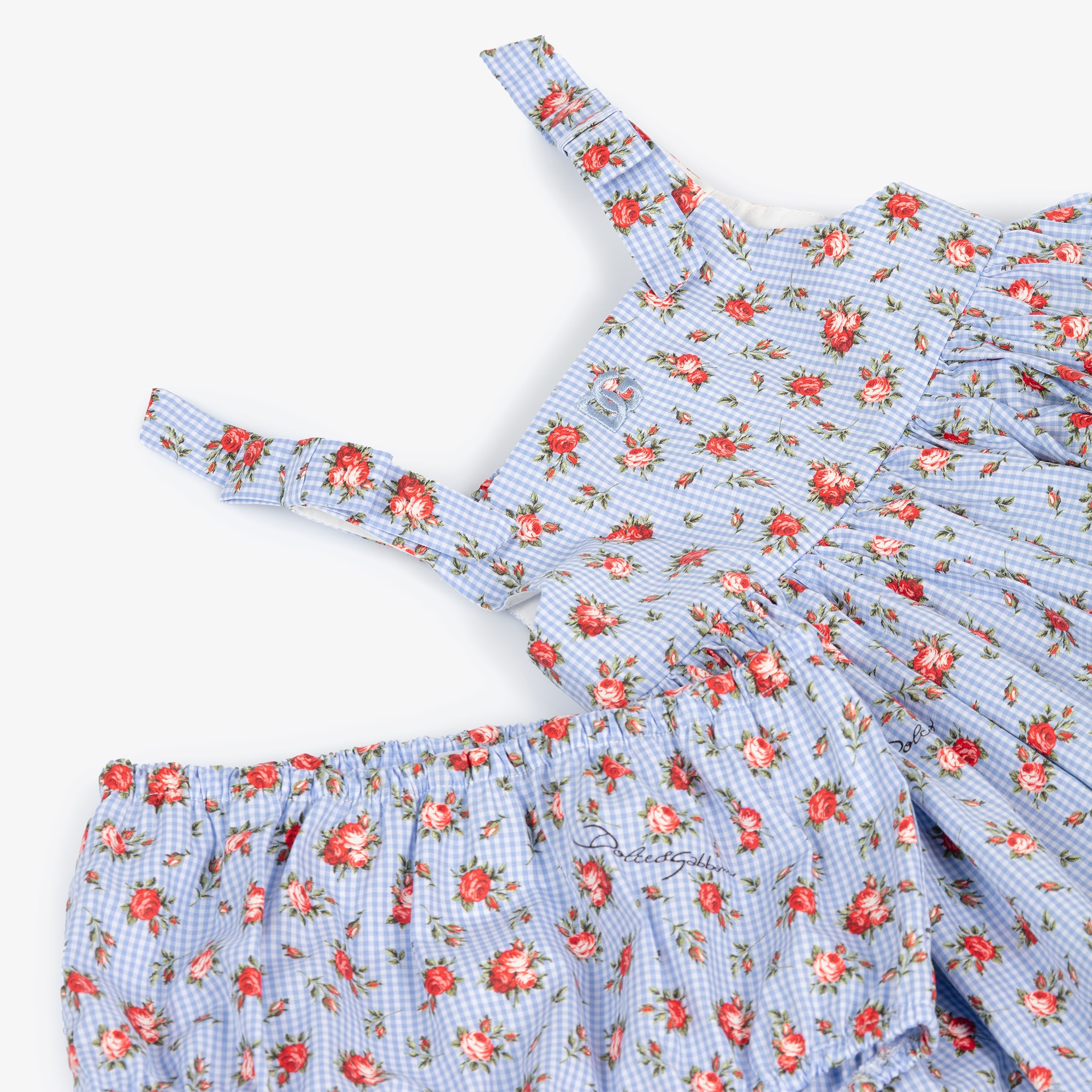 Baby Girls Blue Gingham & Red Rose Print Poplin Dress - View 5