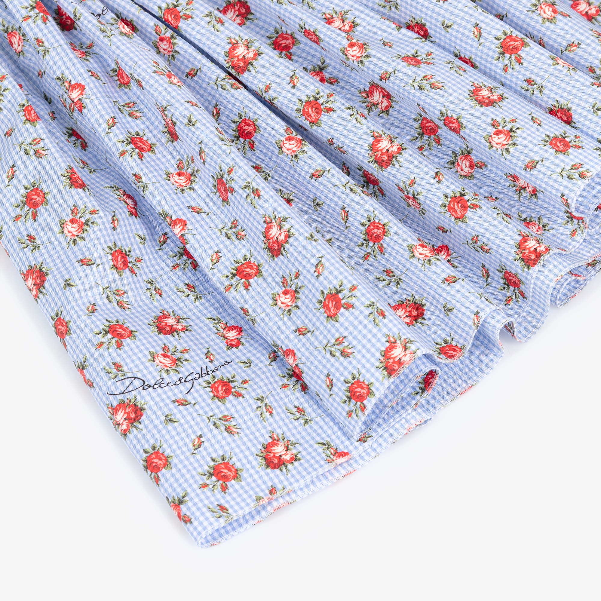 Baby Girls Blue Gingham & Red Rose Print Poplin Dress - View 6
