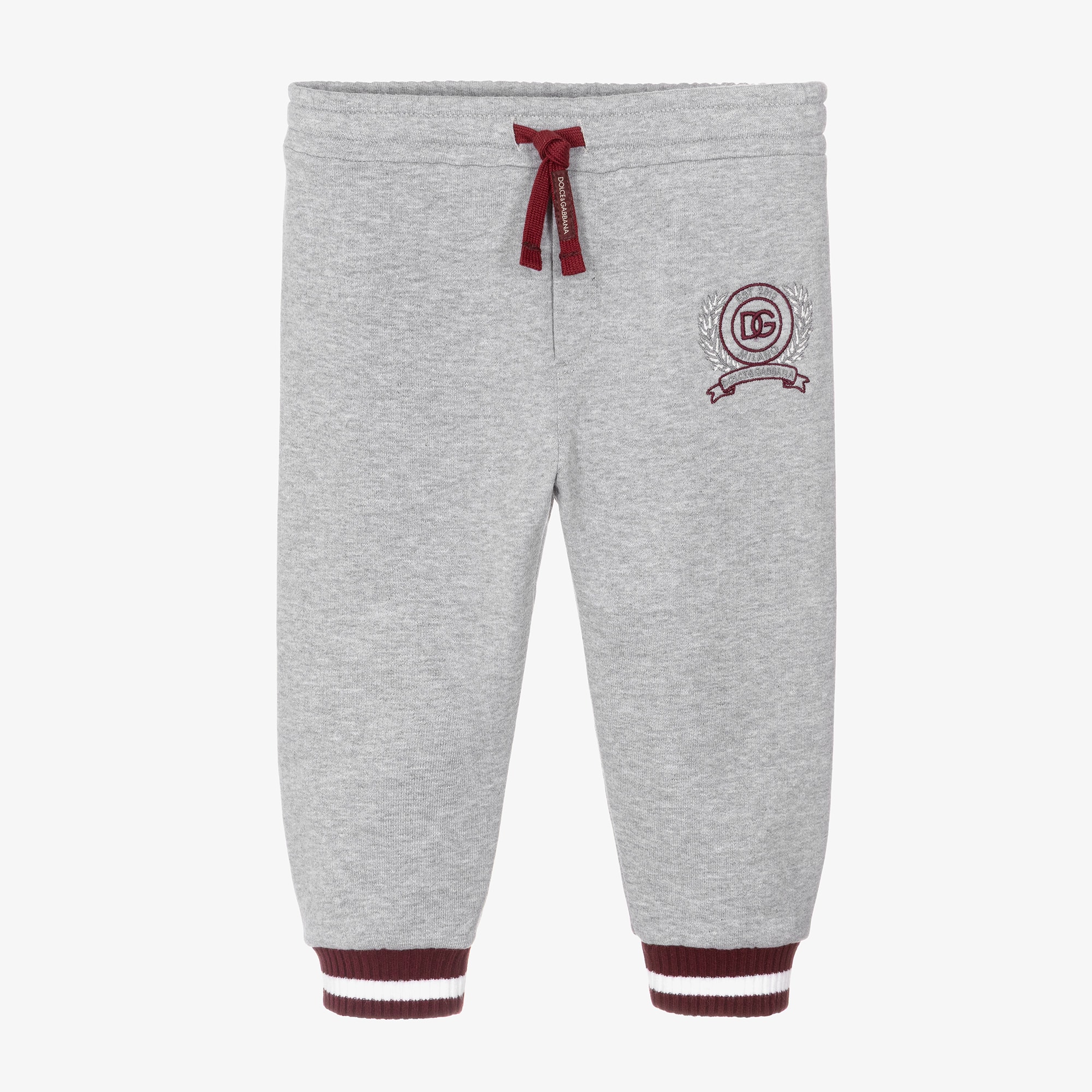 Boys Grey Cotton Joggers with Burgundy Trim & Logo - View 1