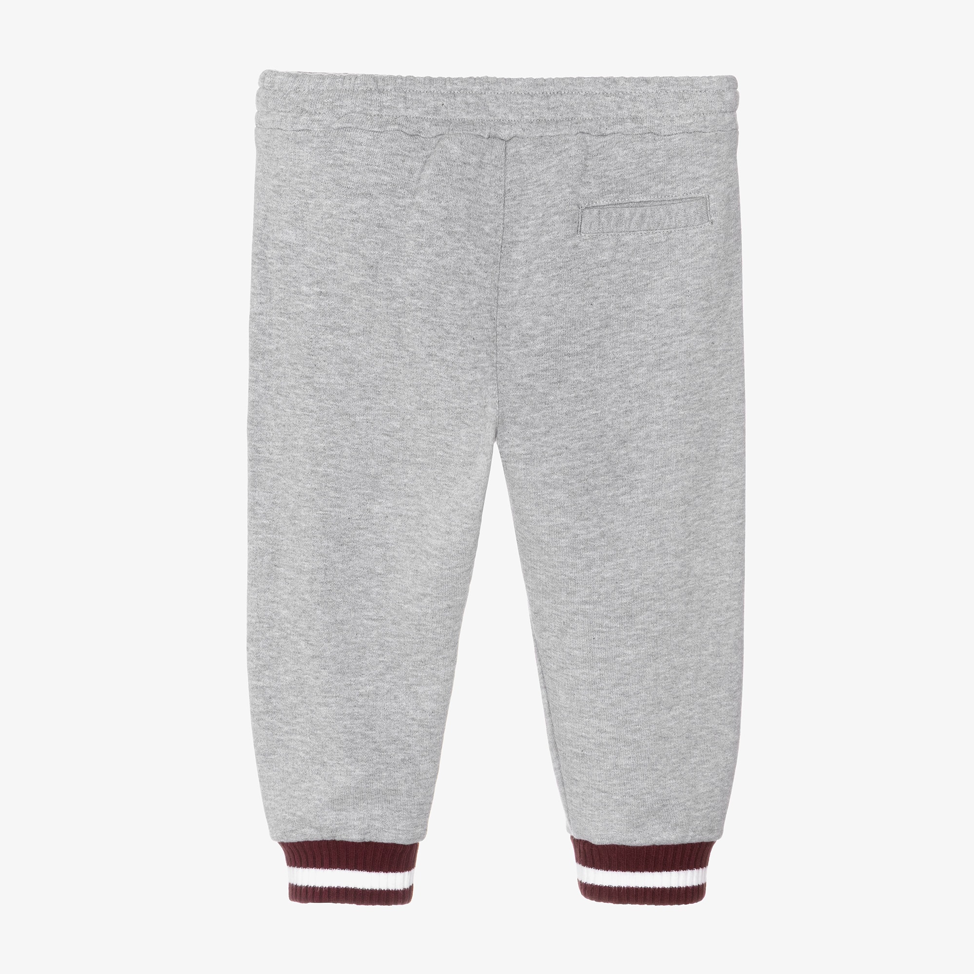Boys Grey Cotton Joggers with Burgundy Trim & Logo - View 2