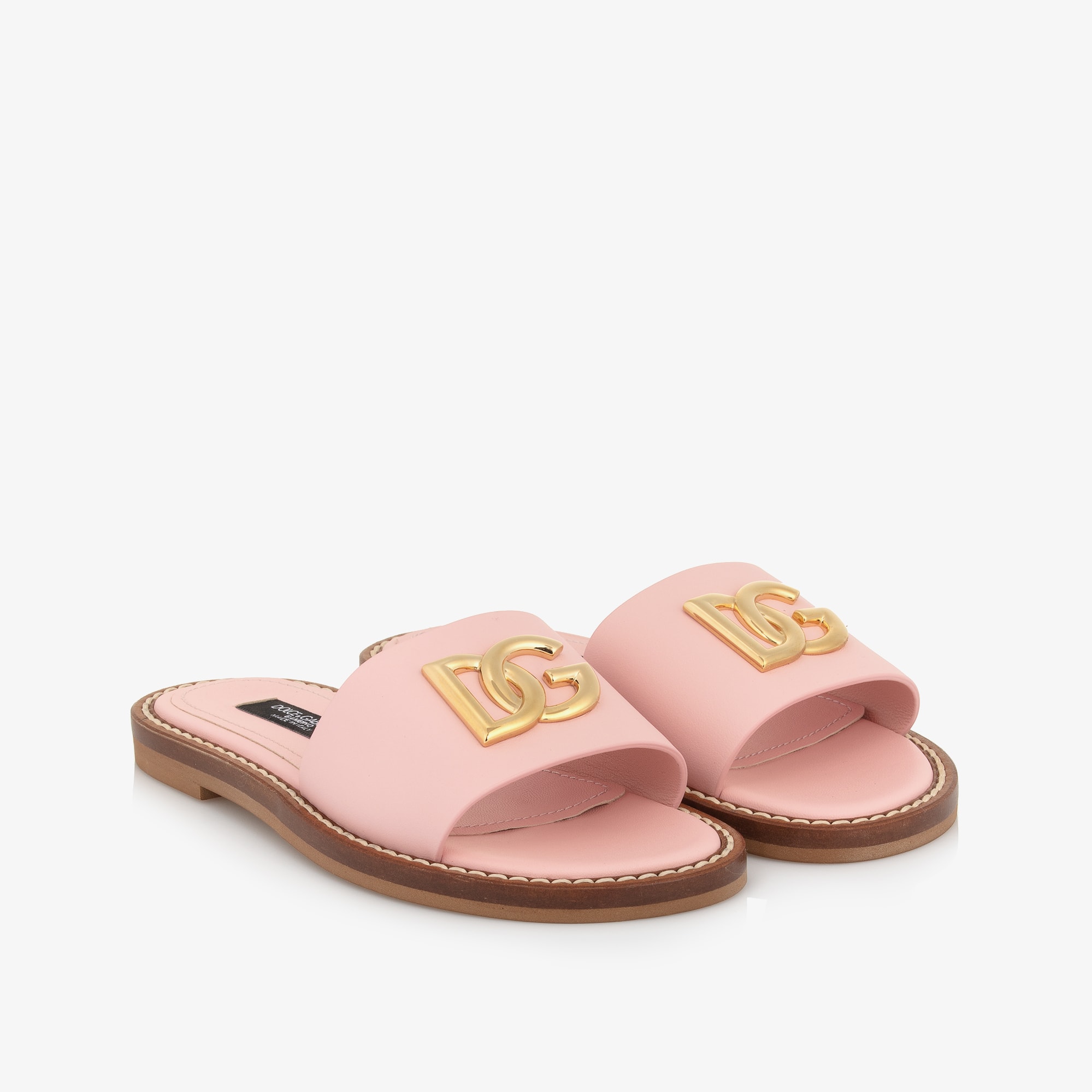 Girls Pink Leather DG Logo Sliders - View 1