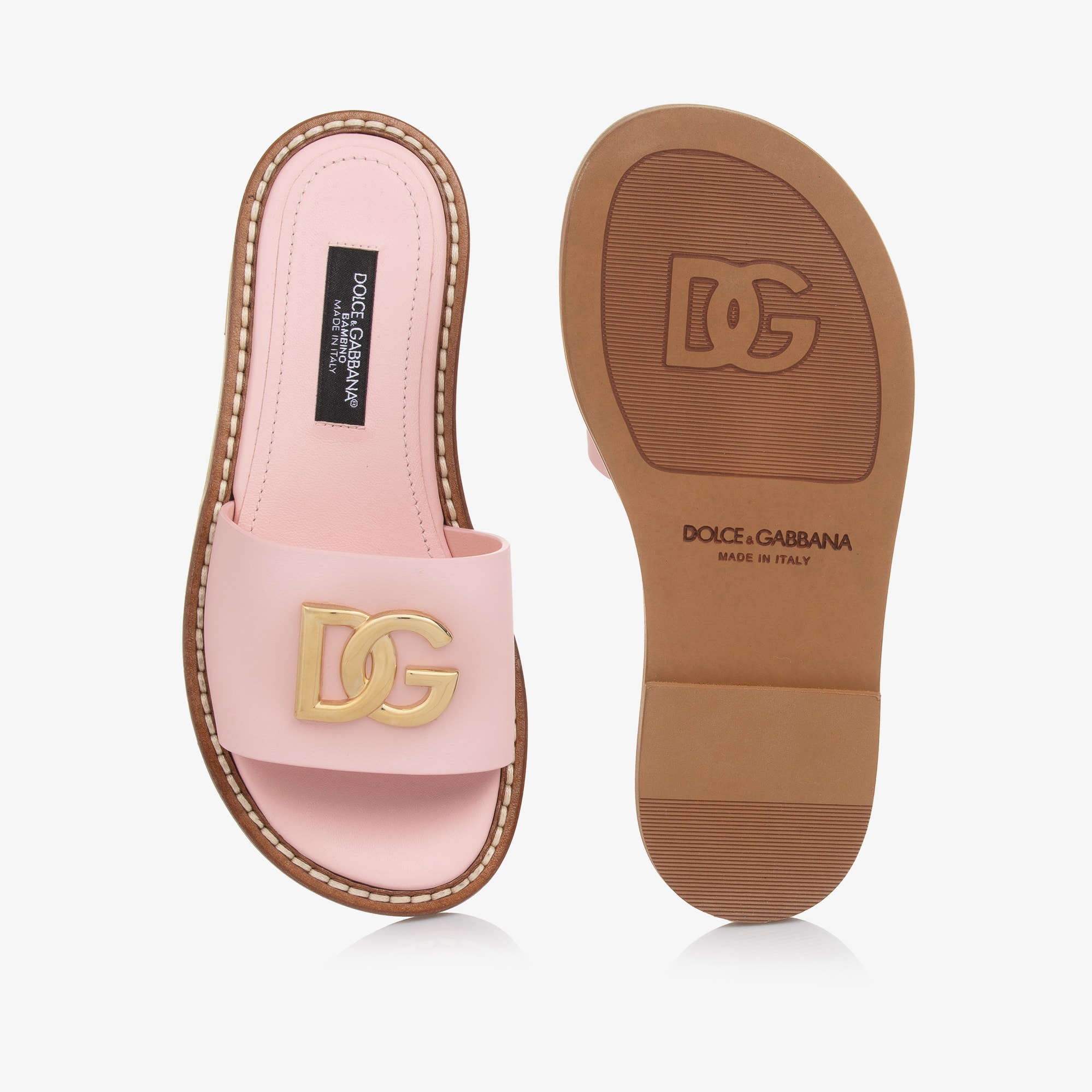 Girls Pink Leather DG Logo Sliders - View 3