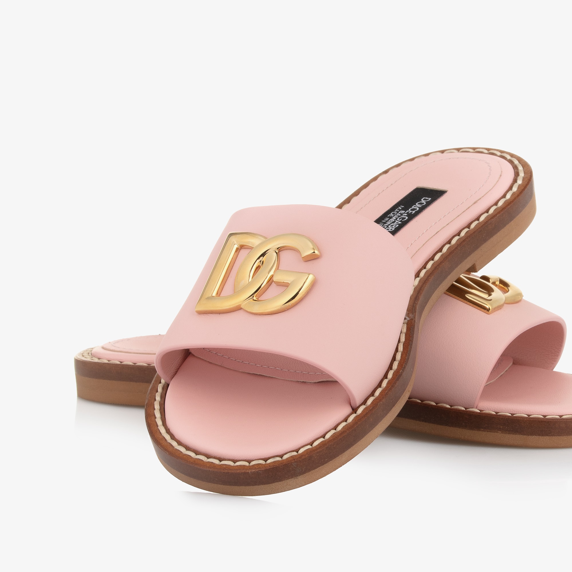 Girls Pink Leather DG Logo Sliders - View 5